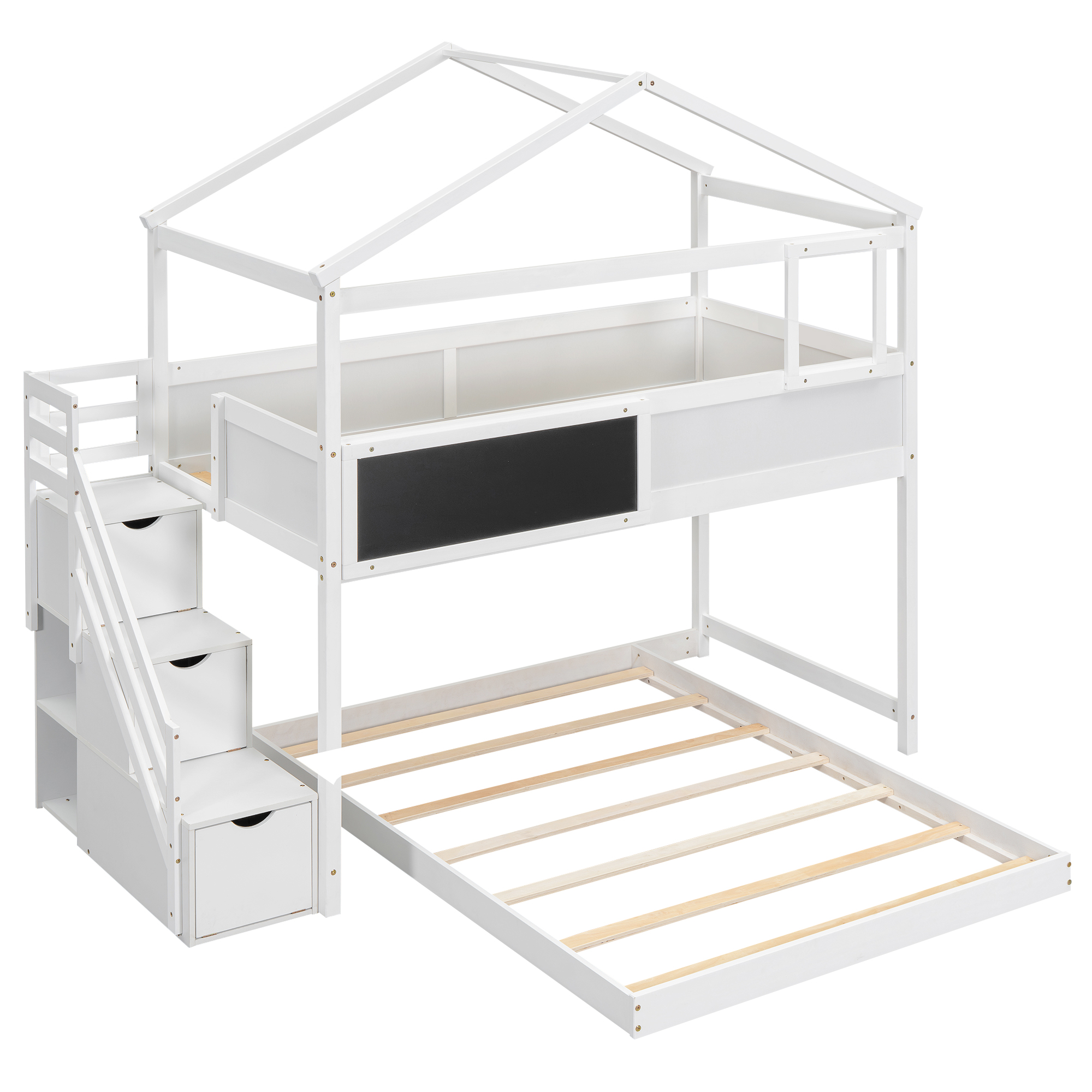 Twin over Full House Bunk Bed with Storage Staircase and Blackboard,Gray/White