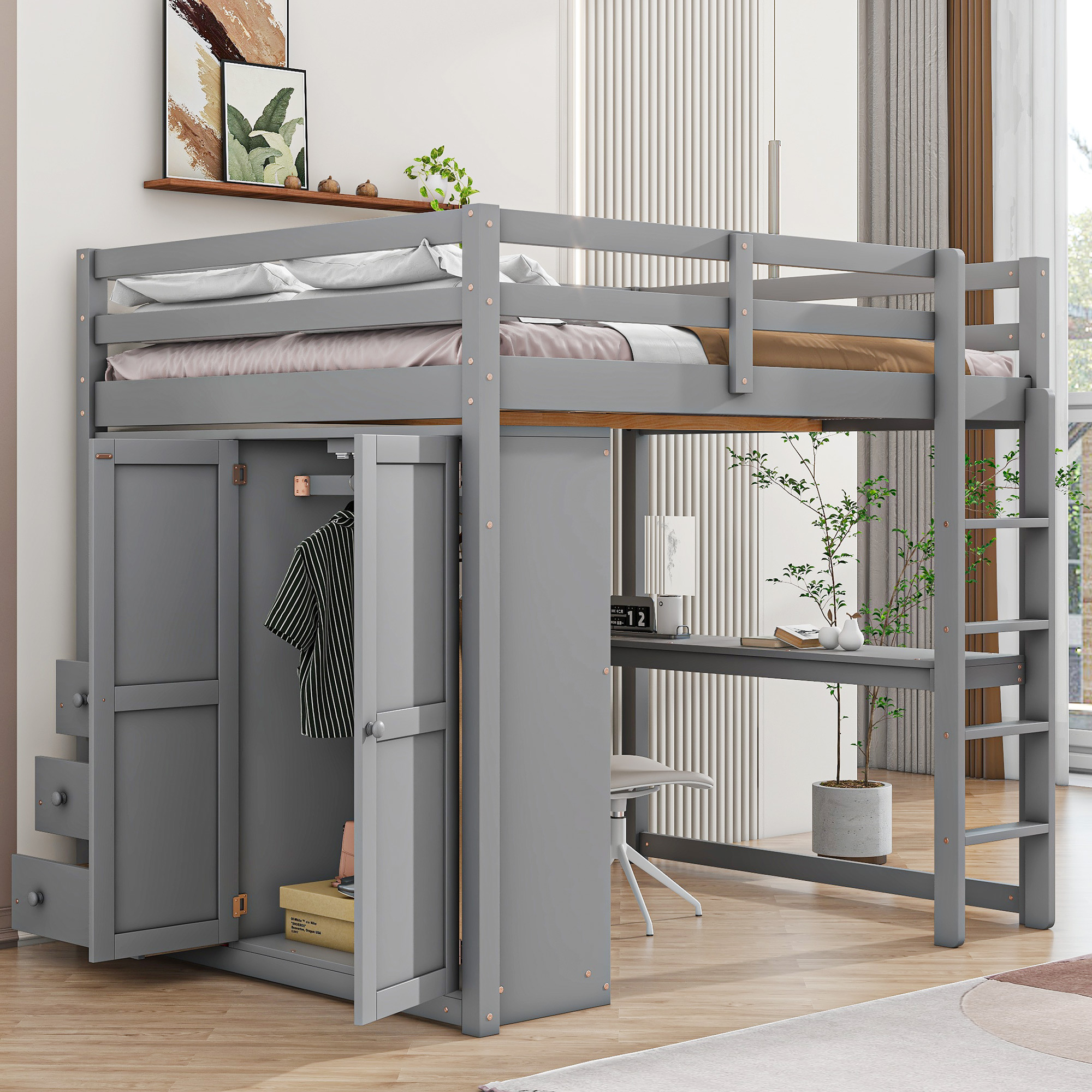 Wood Full Size Loft Bed with Built-in Wardrobe, Desk, Storage Shelves and Drawers, White/Gray