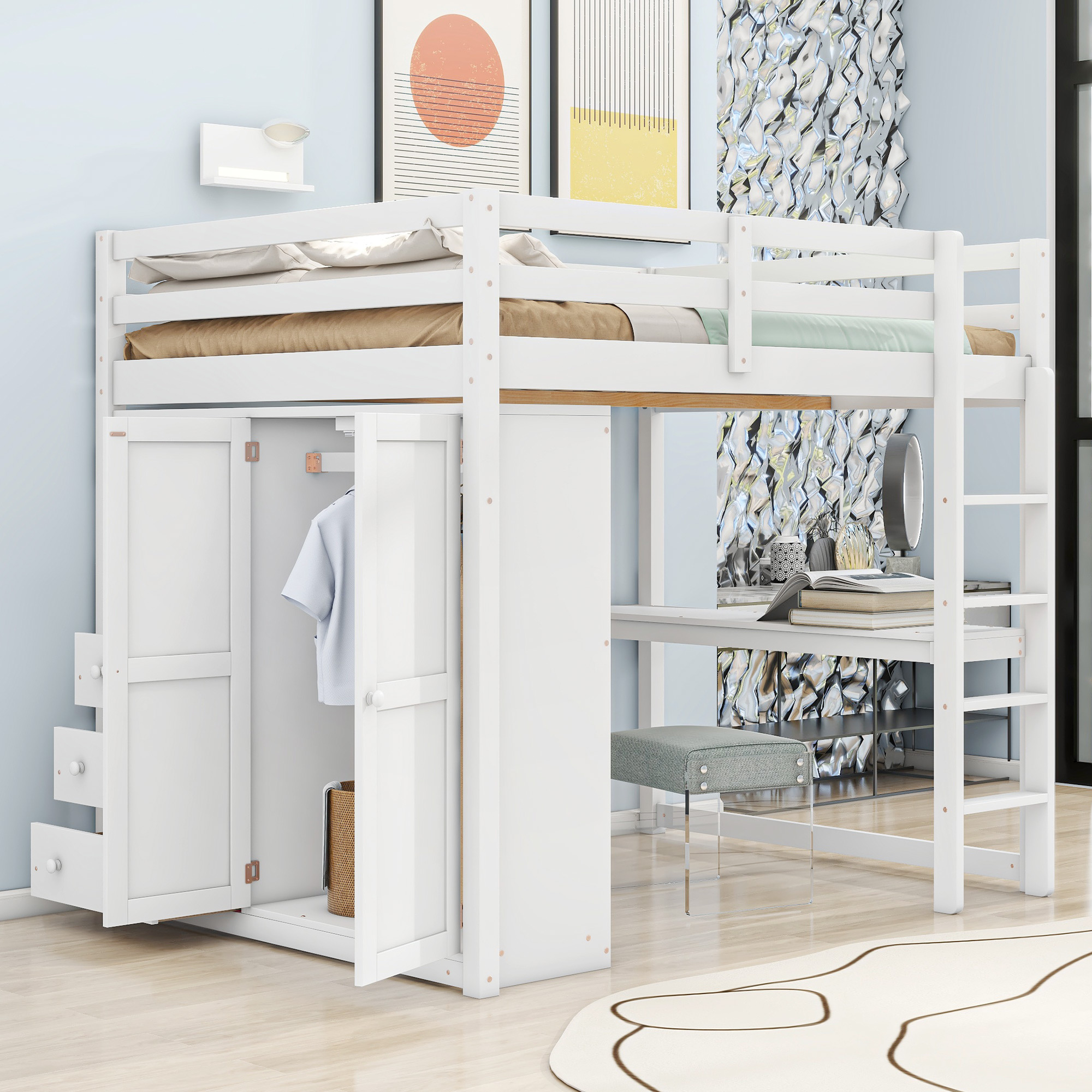 Wood Full Size Loft Bed with Built-in Wardrobe, Desk, Storage Shelves and Drawers, White/Gray