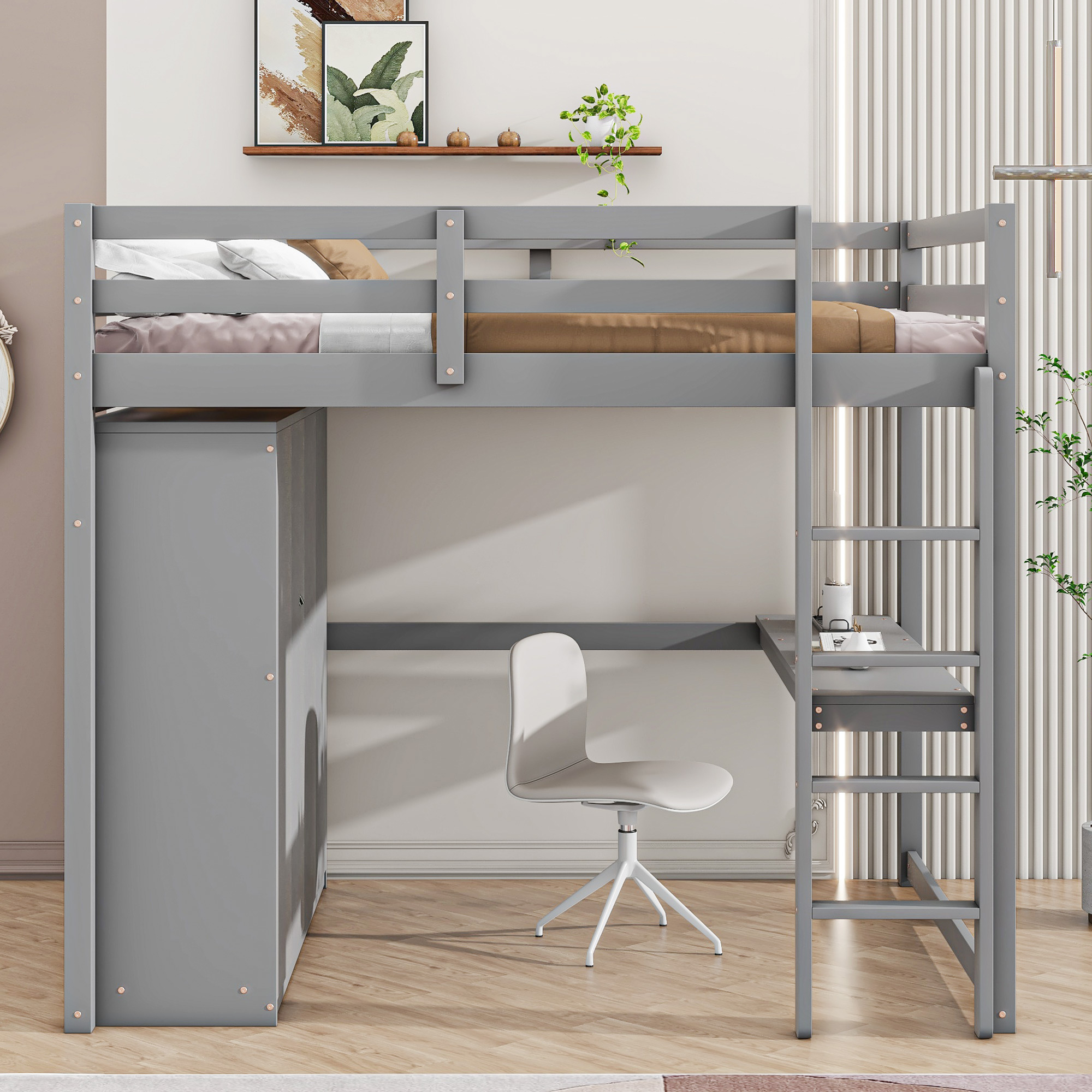 Wood Full Size Loft Bed with Built-in Wardrobe, Desk, Storage Shelves and Drawers, White/Gray