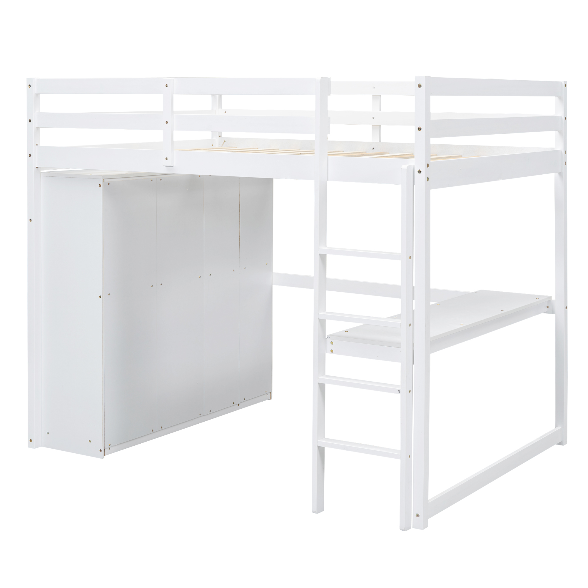 Wood Full Size Loft Bed with Built-in Wardrobe, Desk, Storage Shelves and Drawers, White/Gray