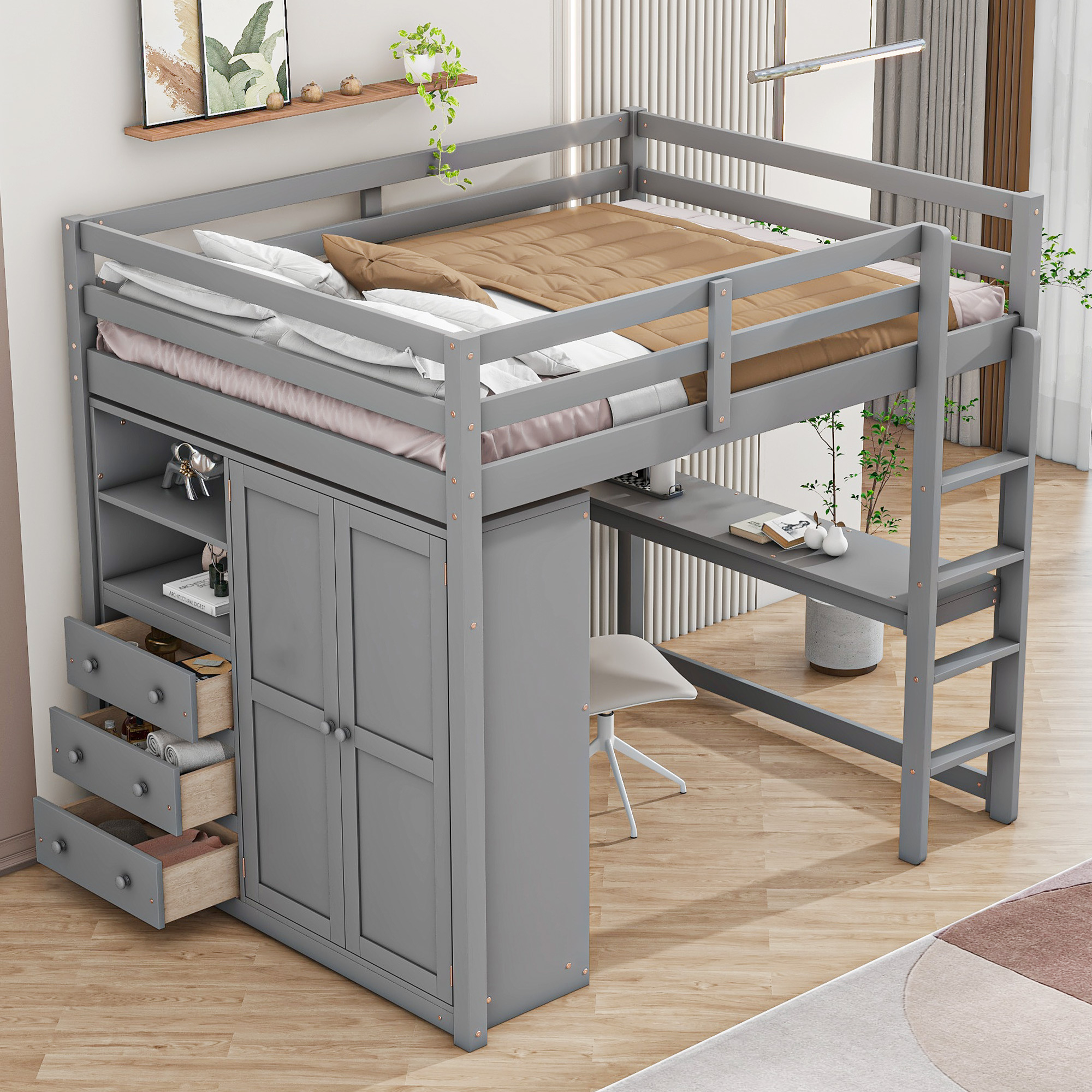 Wood Full Size Loft Bed with Built-in Wardrobe, Desk, Storage Shelves and Drawers, White/Gray