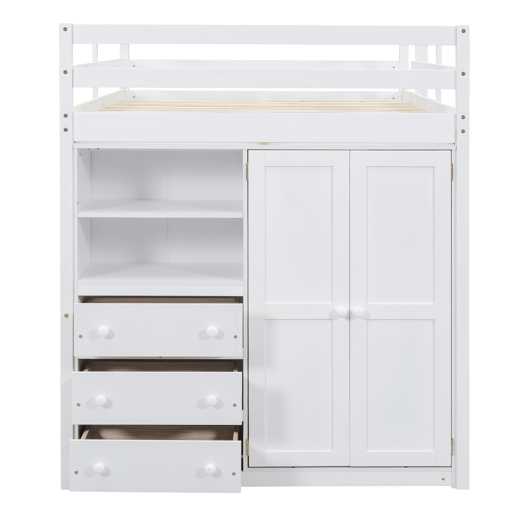 Wood Full Size Loft Bed with Built-in Wardrobe, Desk, Storage Shelves and Drawers, White/Gray