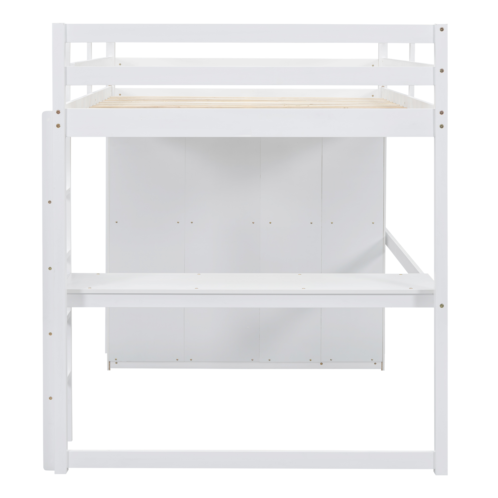 Wood Full Size Loft Bed with Built-in Wardrobe, Desk, Storage Shelves and Drawers, White/Gray