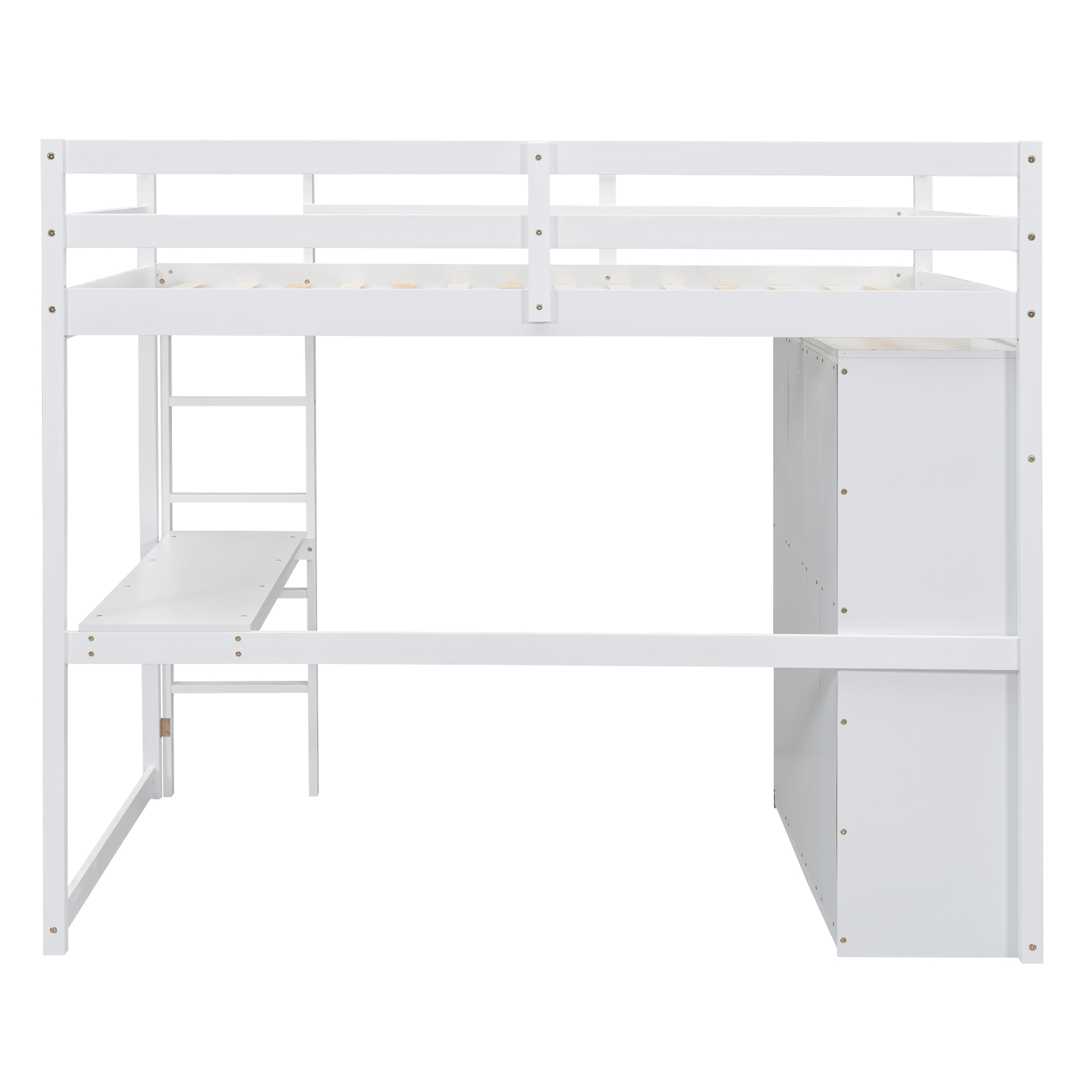 Wood Full Size Loft Bed with Built-in Wardrobe, Desk, Storage Shelves and Drawers, White/Gray