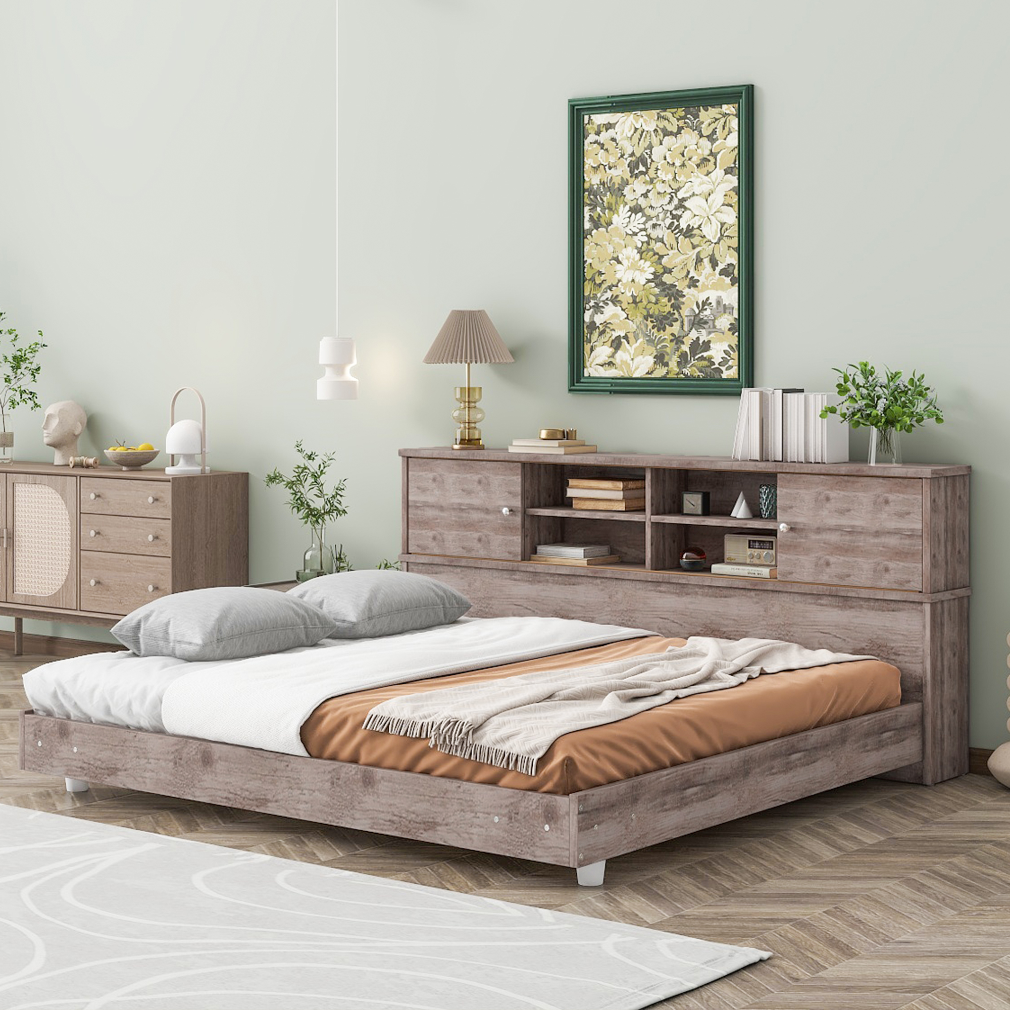 Full Size Daybed Frame with Storage Bookcases,White Oak/Light Oak