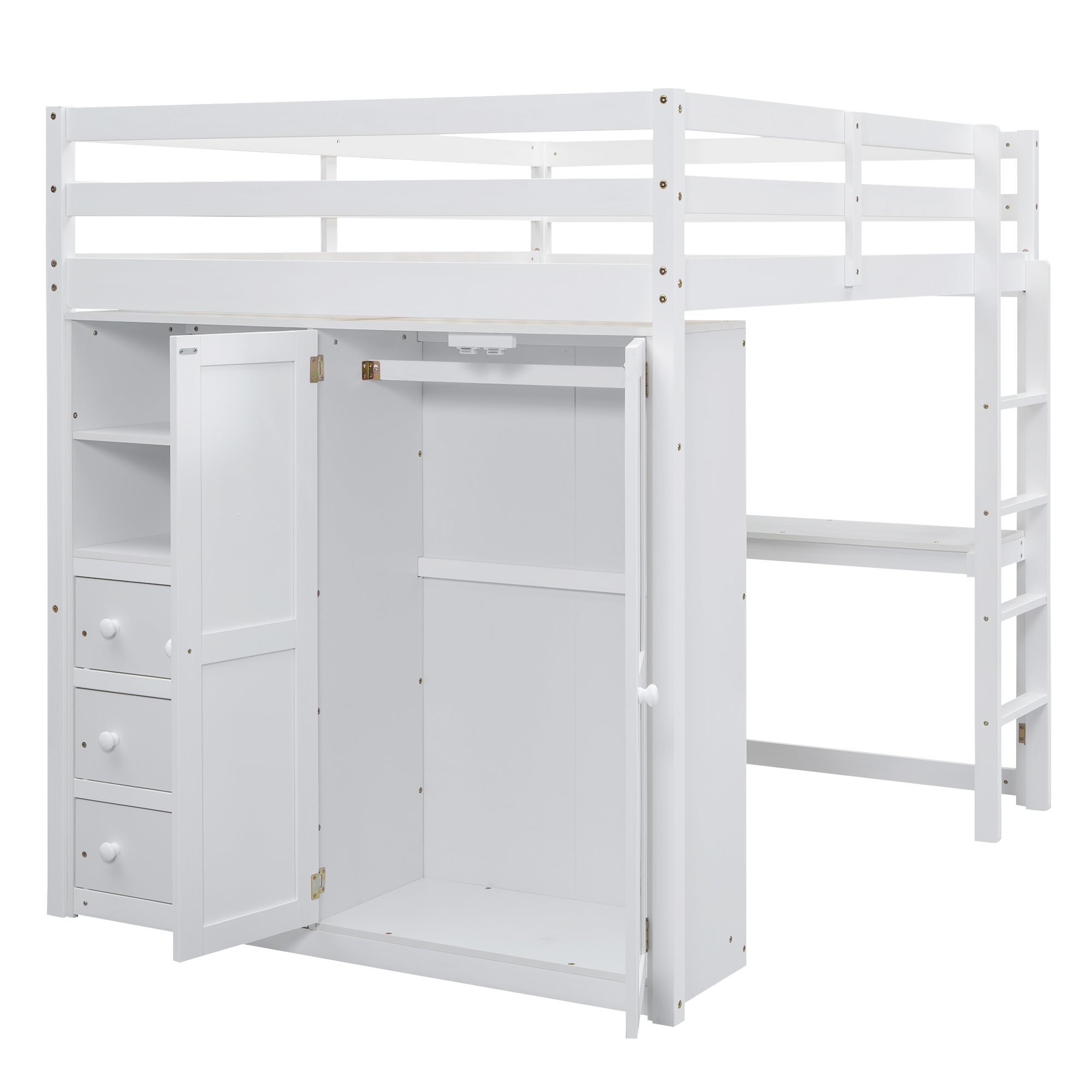 Wood Full Size Loft Bed with Built-in Wardrobe, Desk, Storage Shelves and Drawers, White/Gray