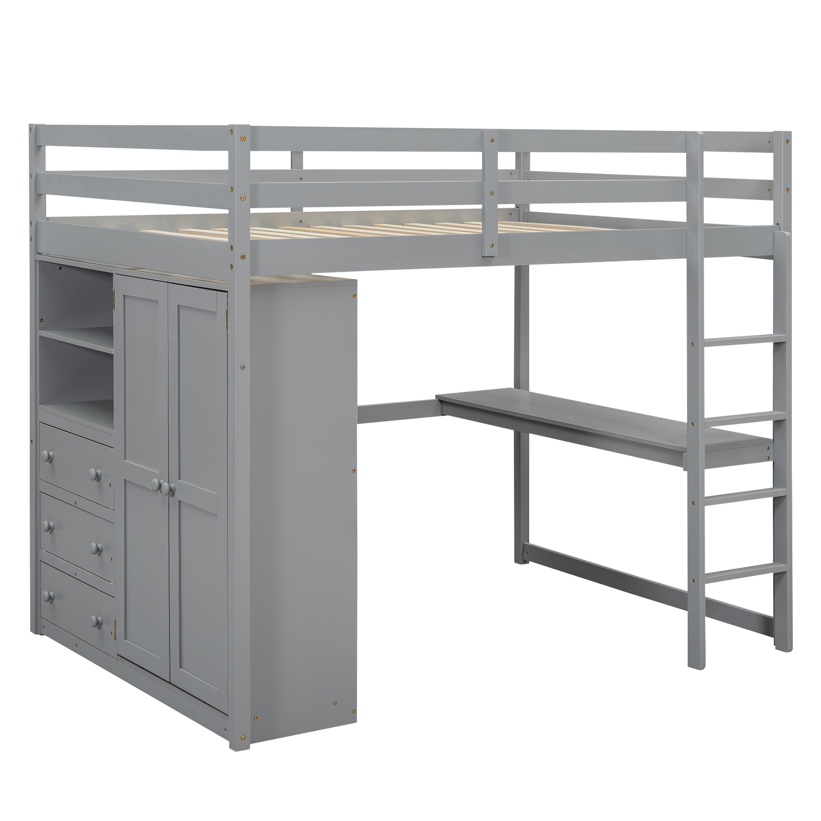 Wood Full Size Loft Bed with Built-in Wardrobe, Desk, Storage Shelves and Drawers, White/Gray