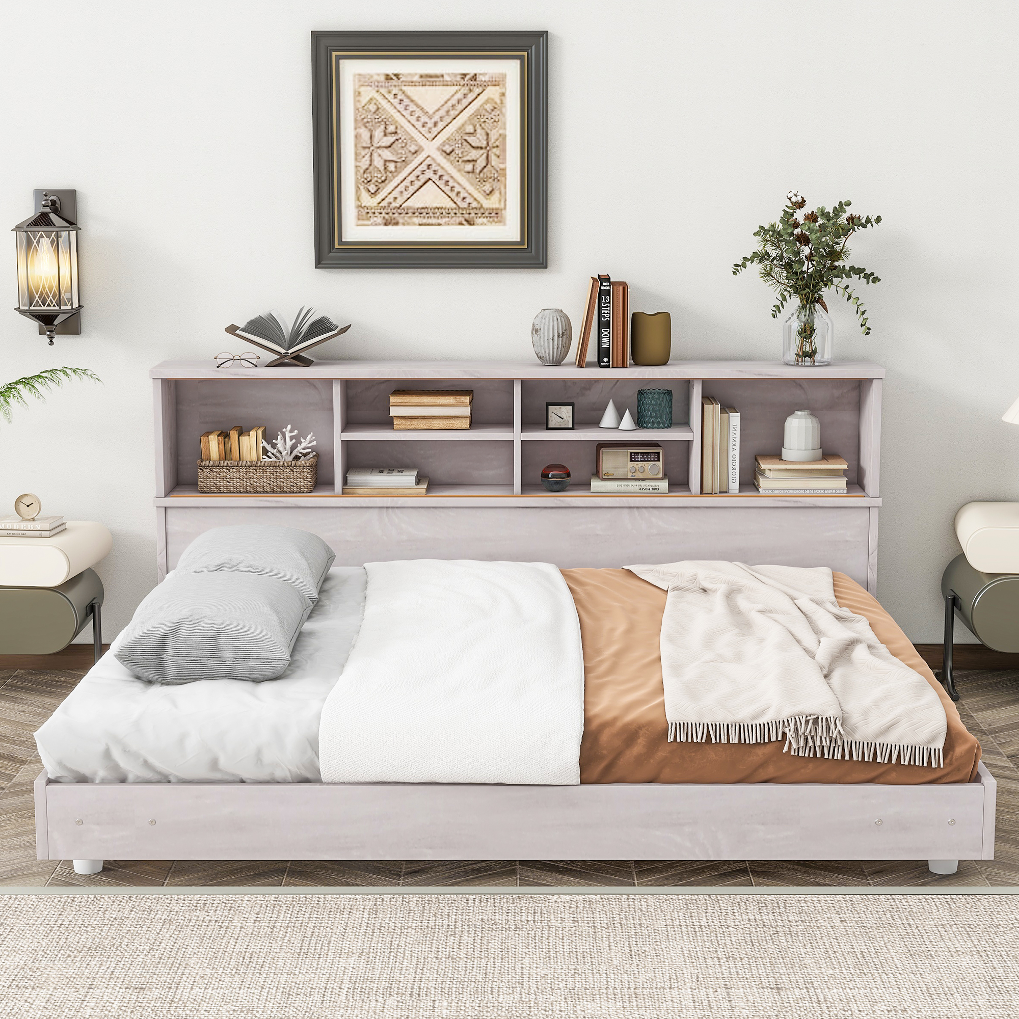 Full Size Daybed Frame with Storage Bookcases,White Oak/Light Oak