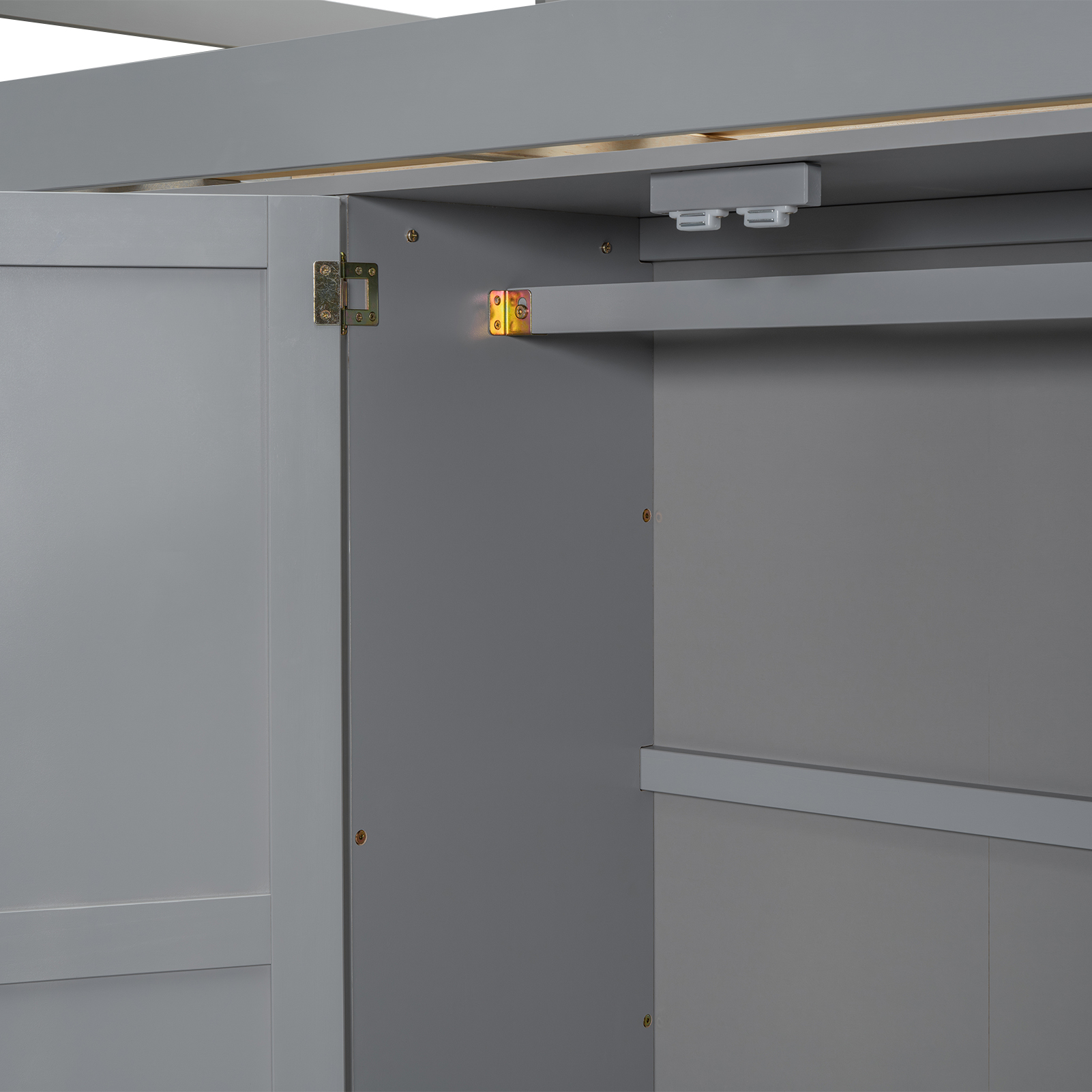 Wood Full Size Loft Bed with Built-in Wardrobe, Desk, Storage Shelves and Drawers, White/Gray