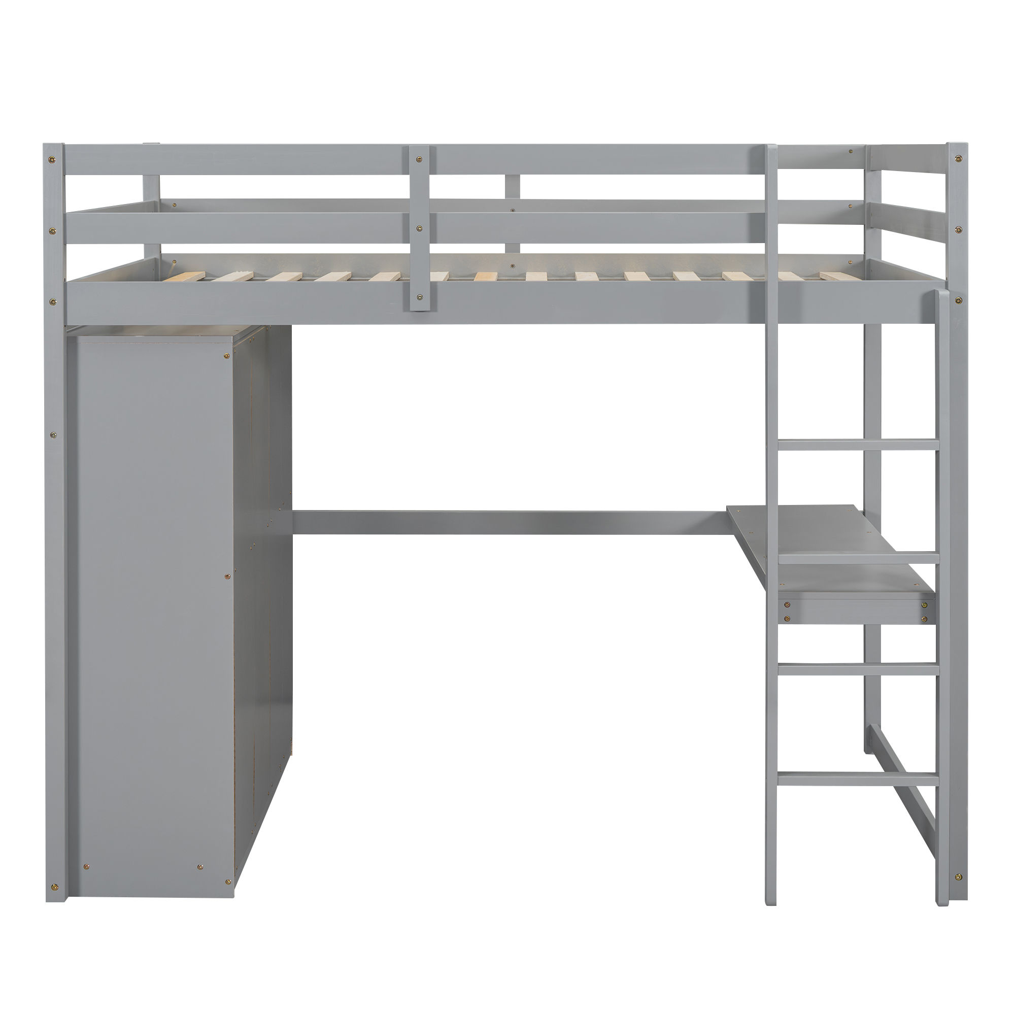 Wood Full Size Loft Bed with Built-in Wardrobe, Desk, Storage Shelves and Drawers, White/Gray