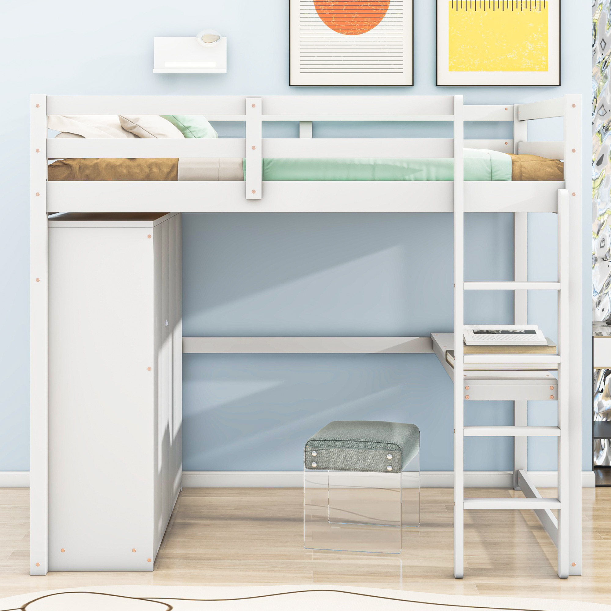Wood Full Size Loft Bed with Built-in Wardrobe, Desk, Storage Shelves and Drawers, White/Gray