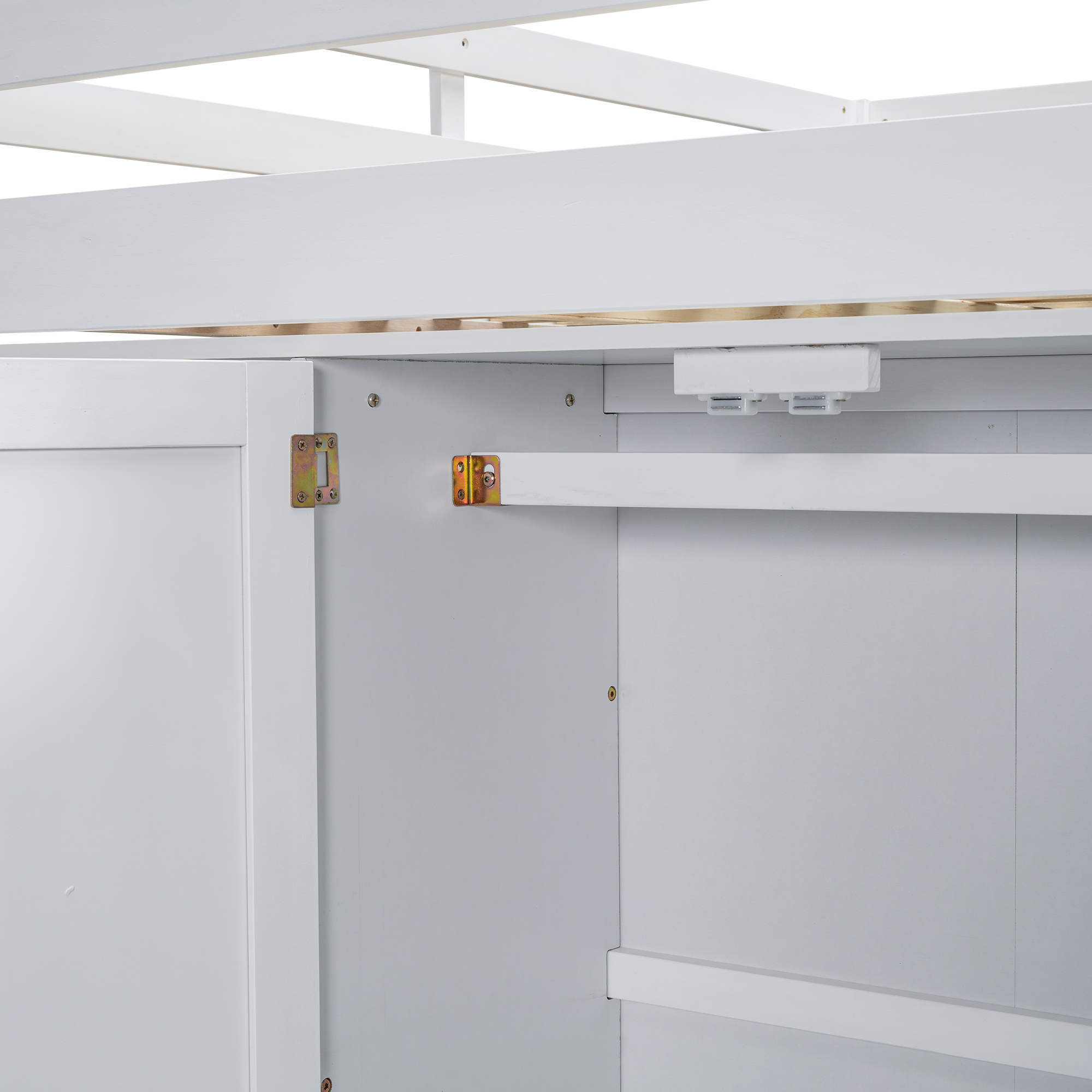 Wood Full Size Loft Bed with Built-in Wardrobe, Desk, Storage Shelves and Drawers, White/Gray