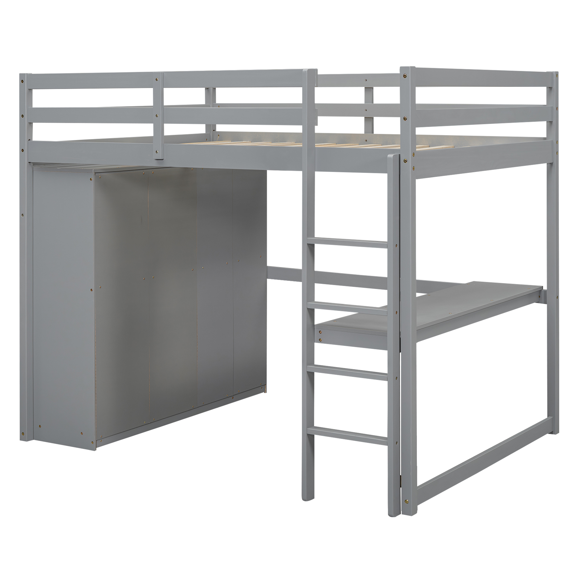 Wood Full Size Loft Bed with Built-in Wardrobe, Desk, Storage Shelves and Drawers, White/Gray
