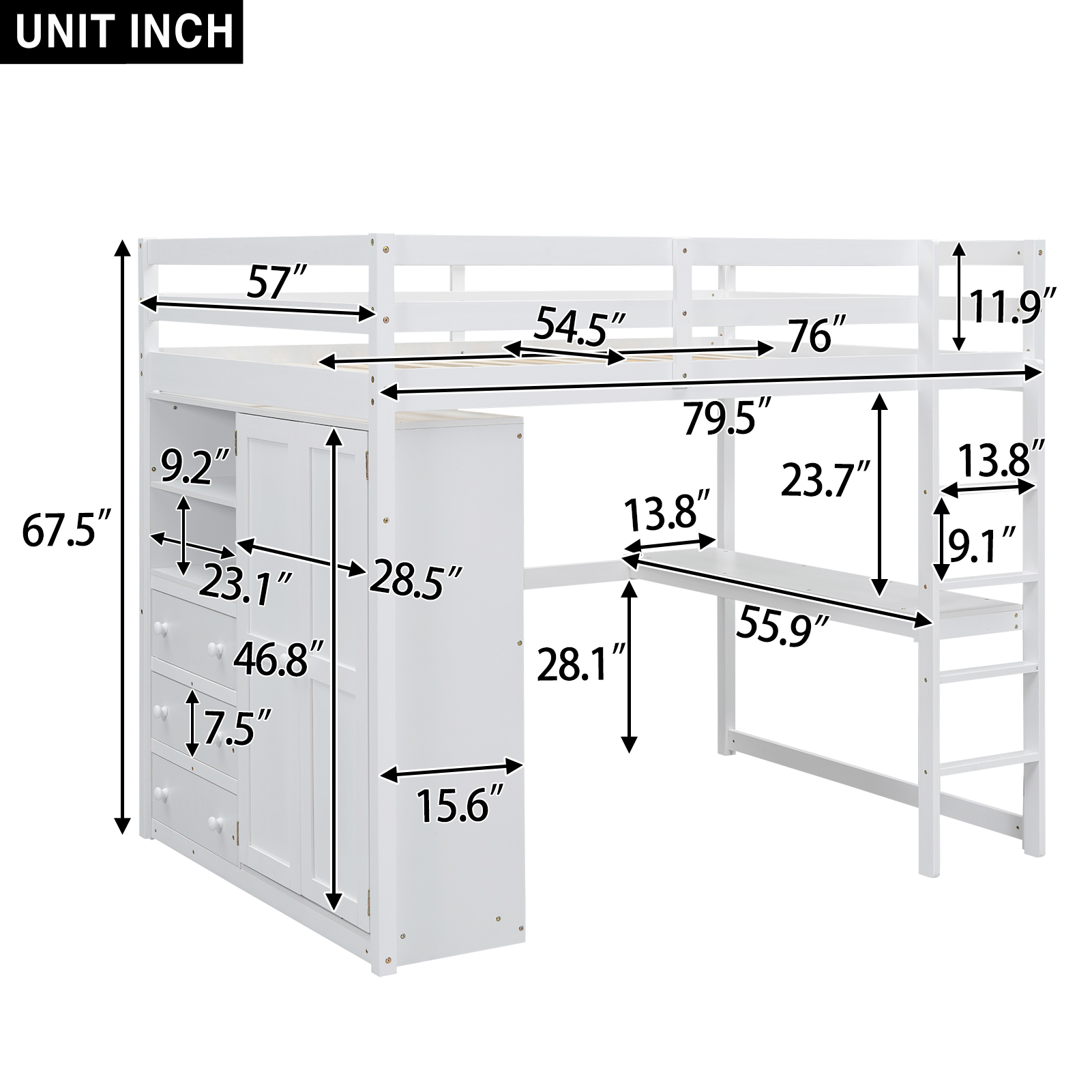 Wood Full Size Loft Bed with Built-in Wardrobe, Desk, Storage Shelves and Drawers, White/Gray