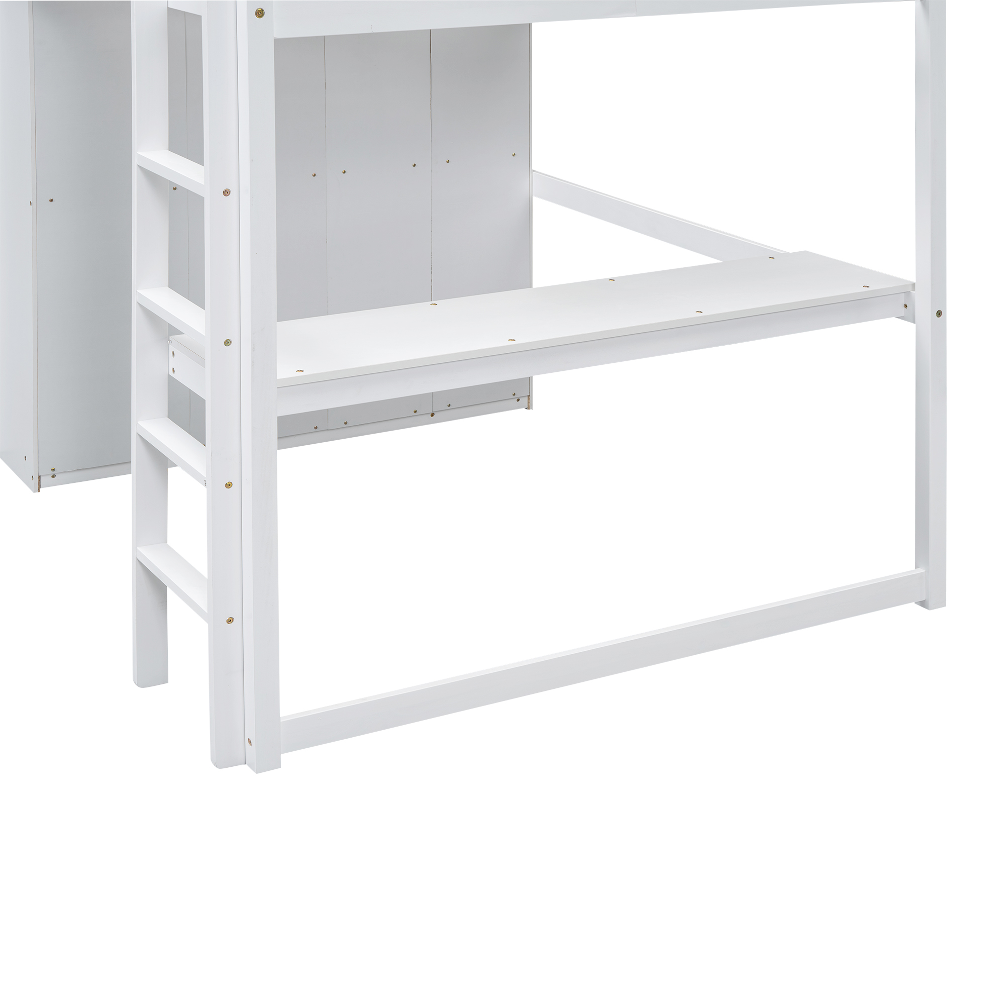 Wood Full Size Loft Bed with Built-in Wardrobe, Desk, Storage Shelves and Drawers, White/Gray