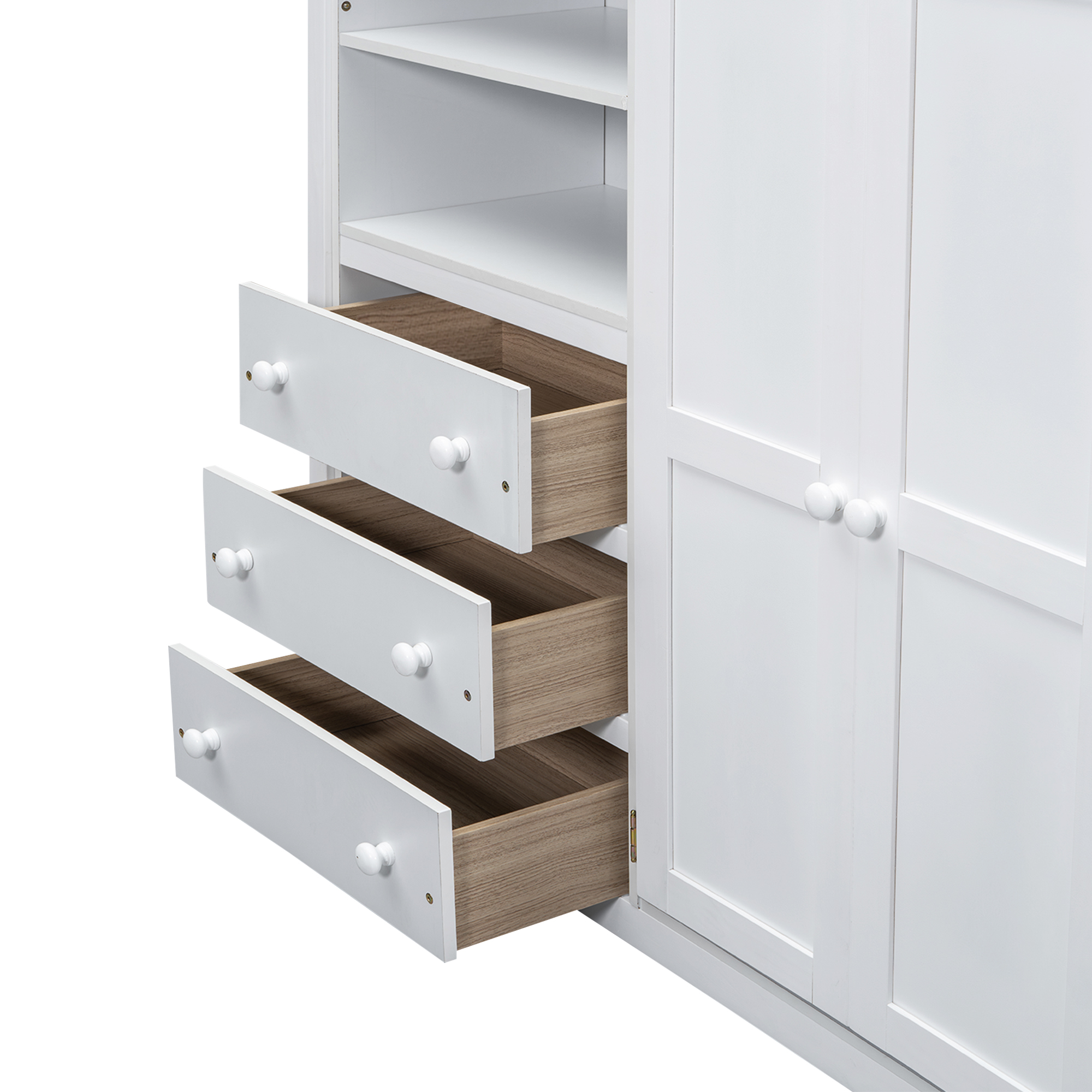 Wood Full Size Loft Bed with Built-in Wardrobe, Desk, Storage Shelves and Drawers, White/Gray