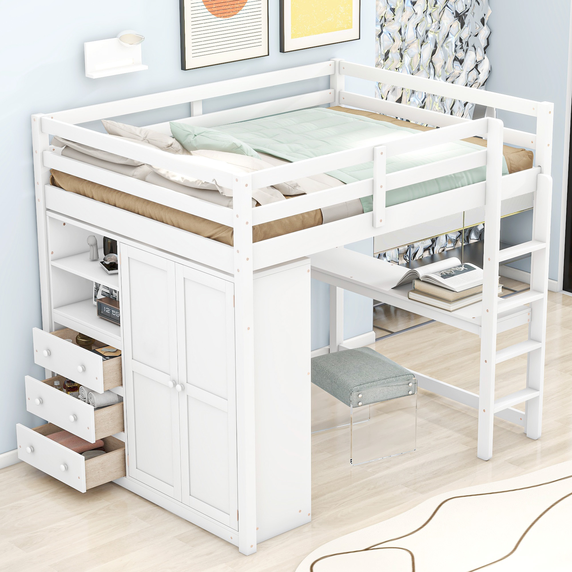 Wood Full Size Loft Bed with Built-in Wardrobe, Desk, Storage Shelves and Drawers, White/Gray