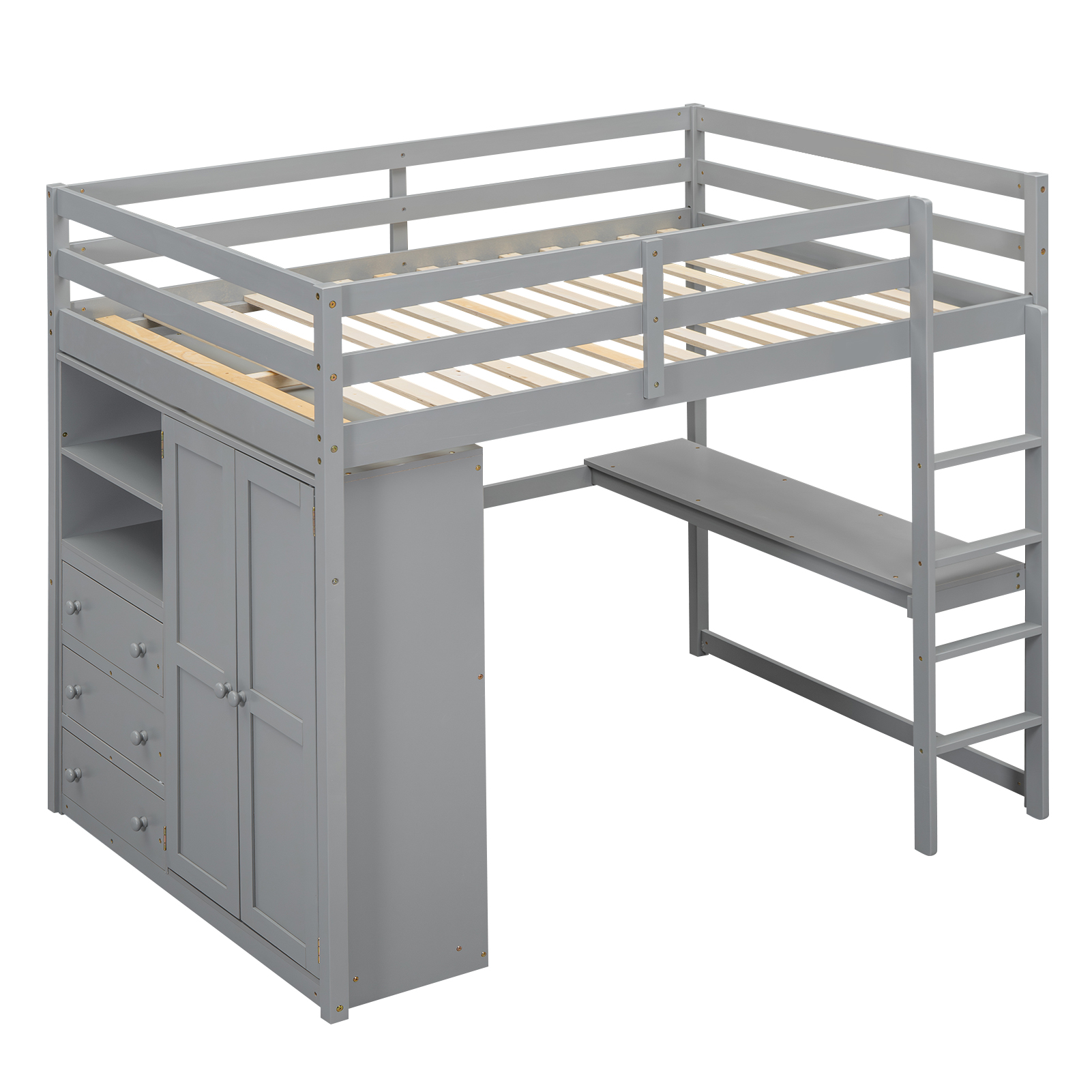 Wood Full Size Loft Bed with Built-in Wardrobe, Desk, Storage Shelves and Drawers, White/Gray