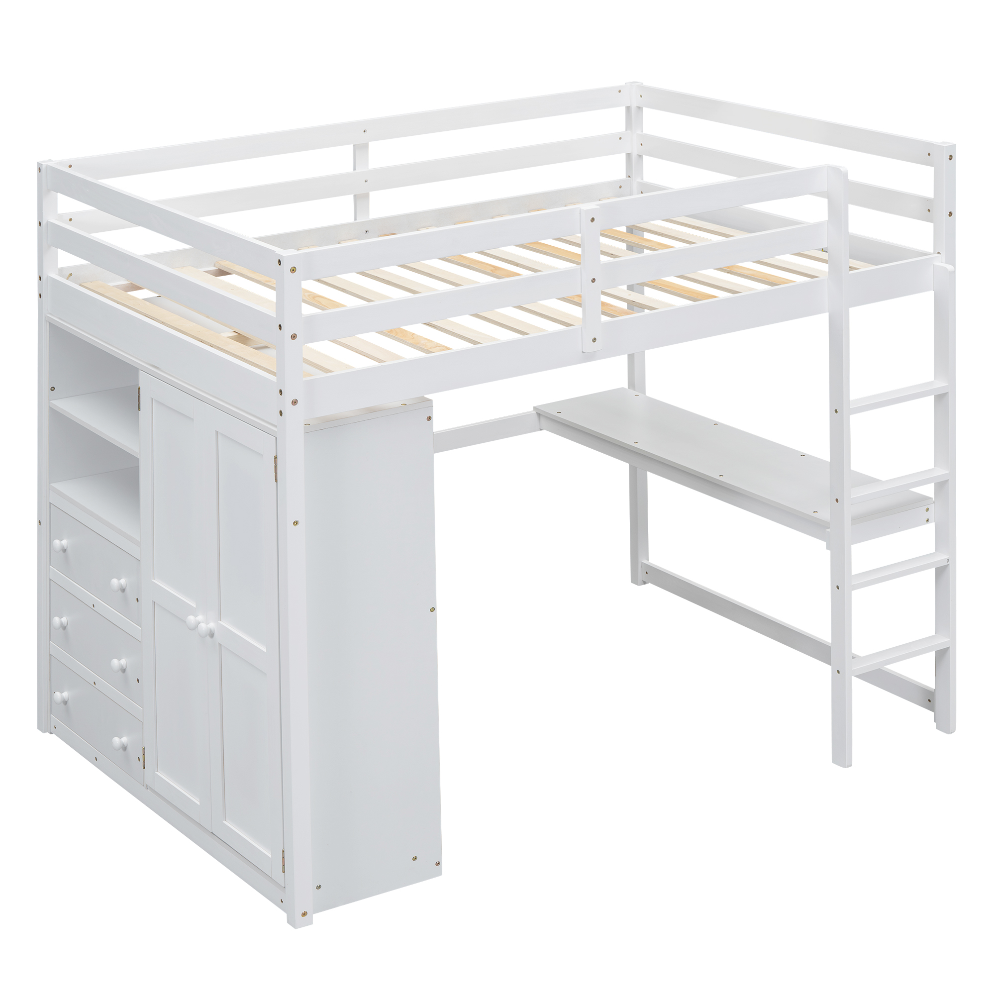 Wood Full Size Loft Bed with Built-in Wardrobe, Desk, Storage Shelves and Drawers, White/Gray