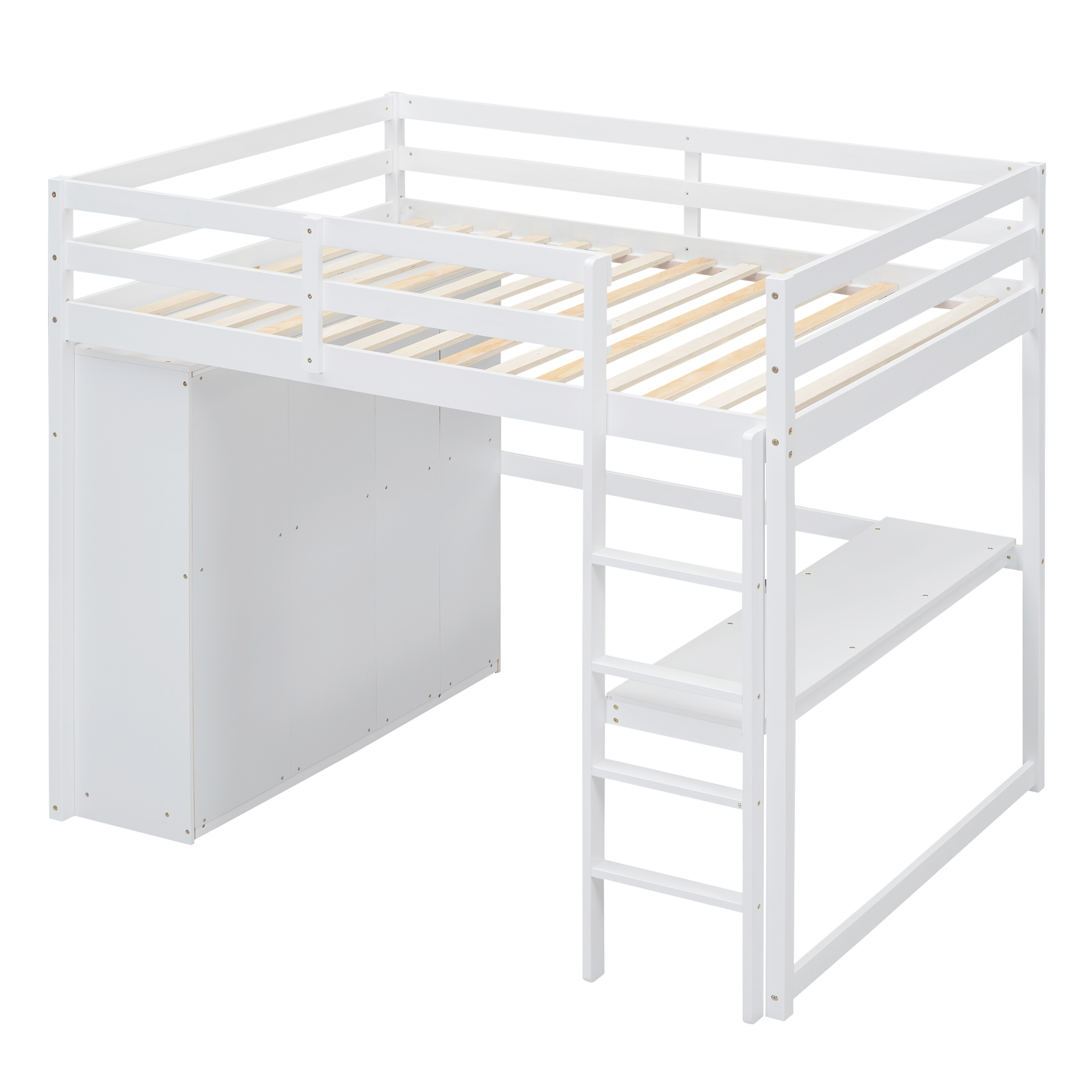Wood Full Size Loft Bed with Built-in Wardrobe, Desk, Storage Shelves and Drawers, White/Gray