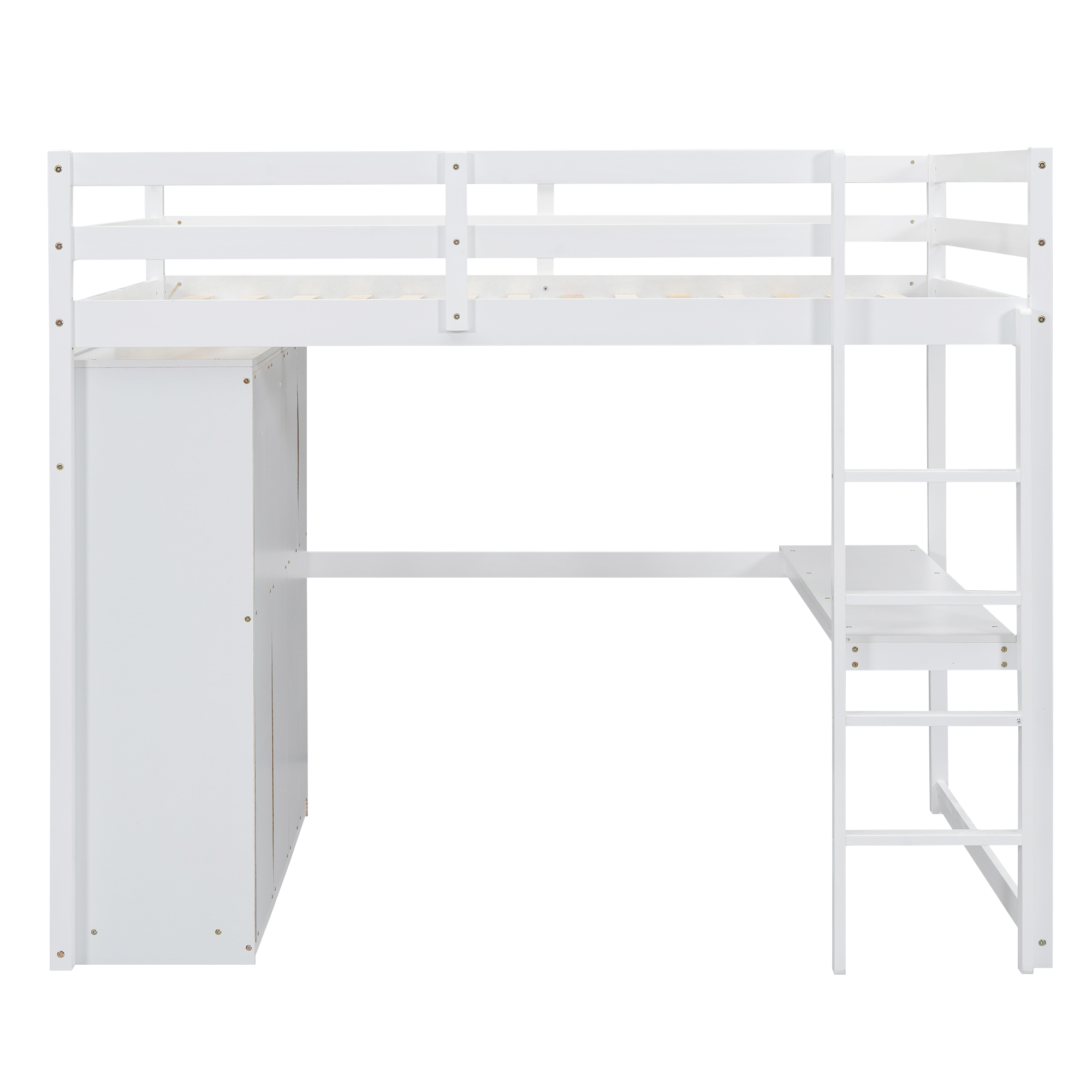 Wood Full Size Loft Bed with Built-in Wardrobe, Desk, Storage Shelves and Drawers, White/Gray