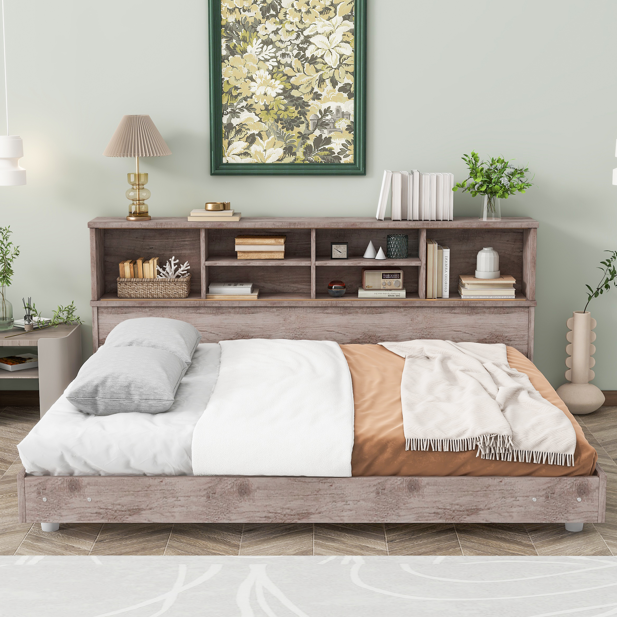 Full Size Daybed Frame with Storage Bookcases,White Oak/Light Oak