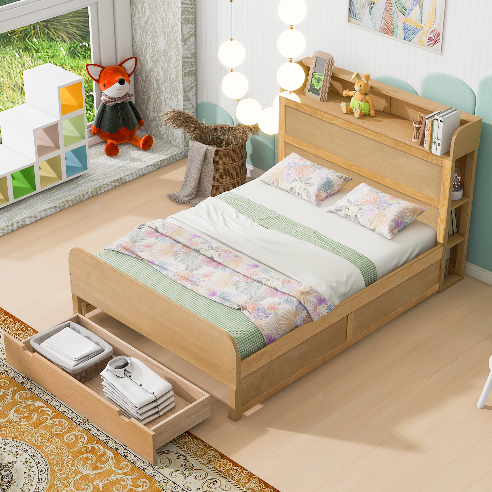 Full Size Platform Bed with Storage Headboard and a Big Drawer, Cream/Wood