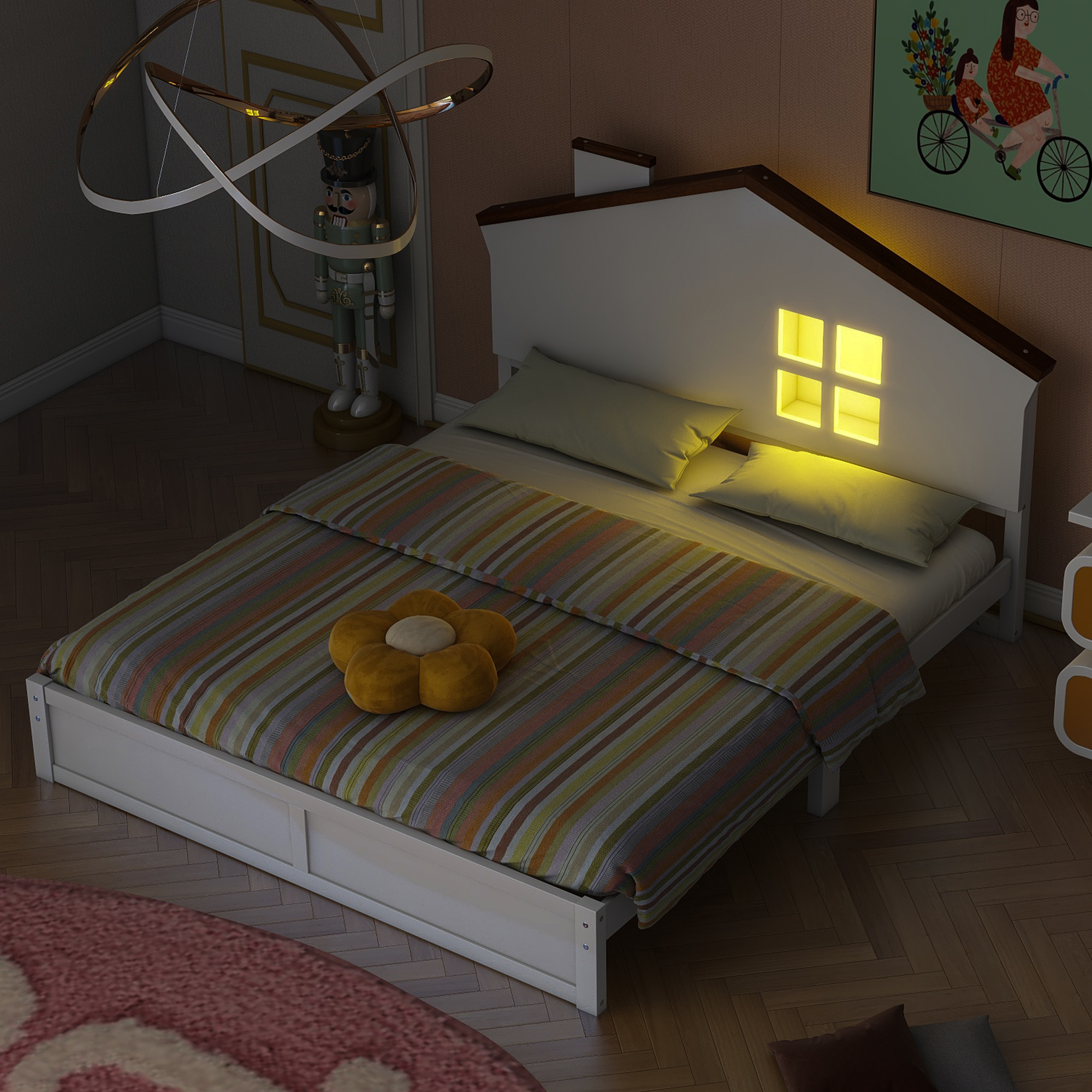 Full/Twin Size Wood Platform Bed with House-shaped Headboard and Built-in LED, Walnut+Milk White/Walnut+White 