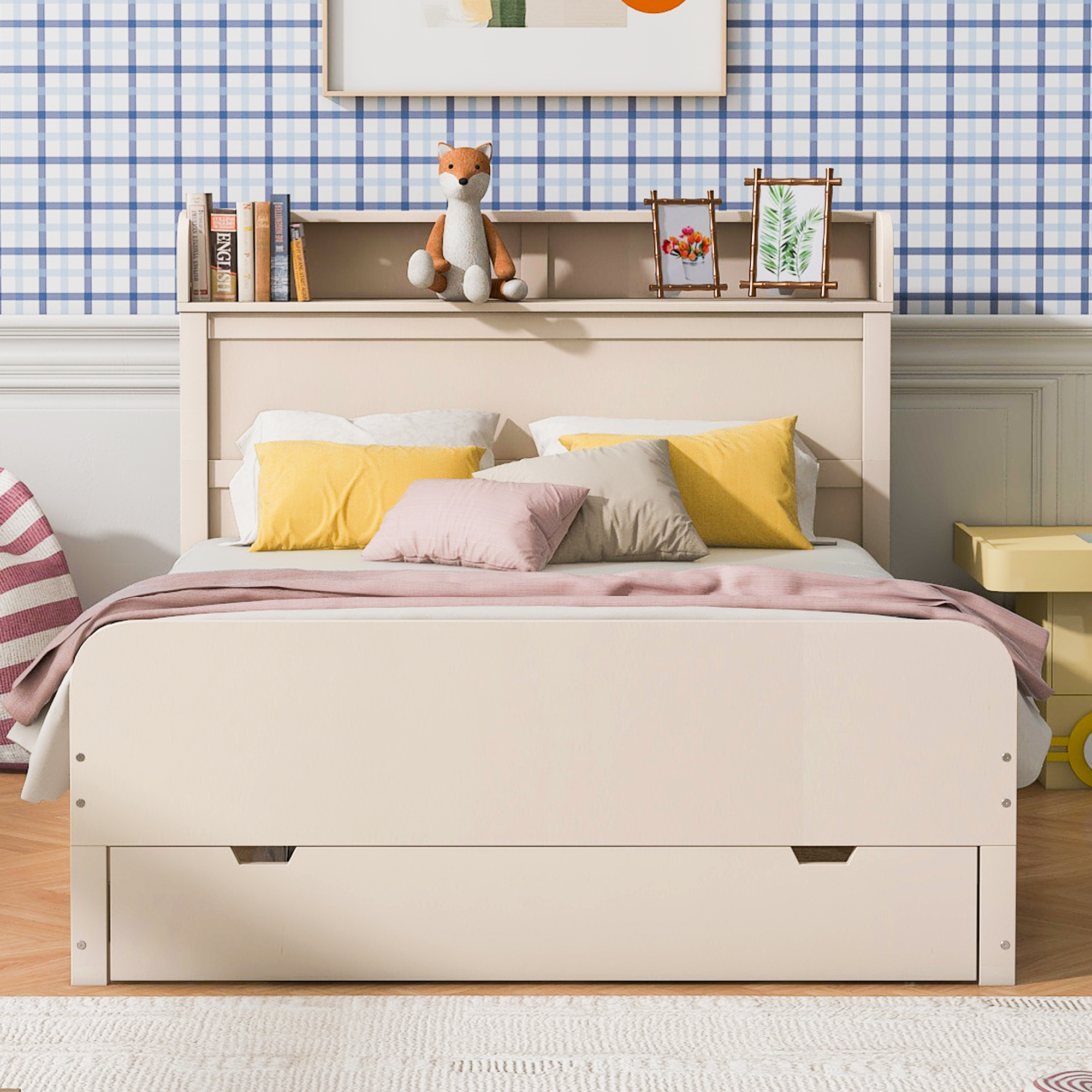 Full Size Platform Bed with Storage Headboard and a Big Drawer, Cream/Wood