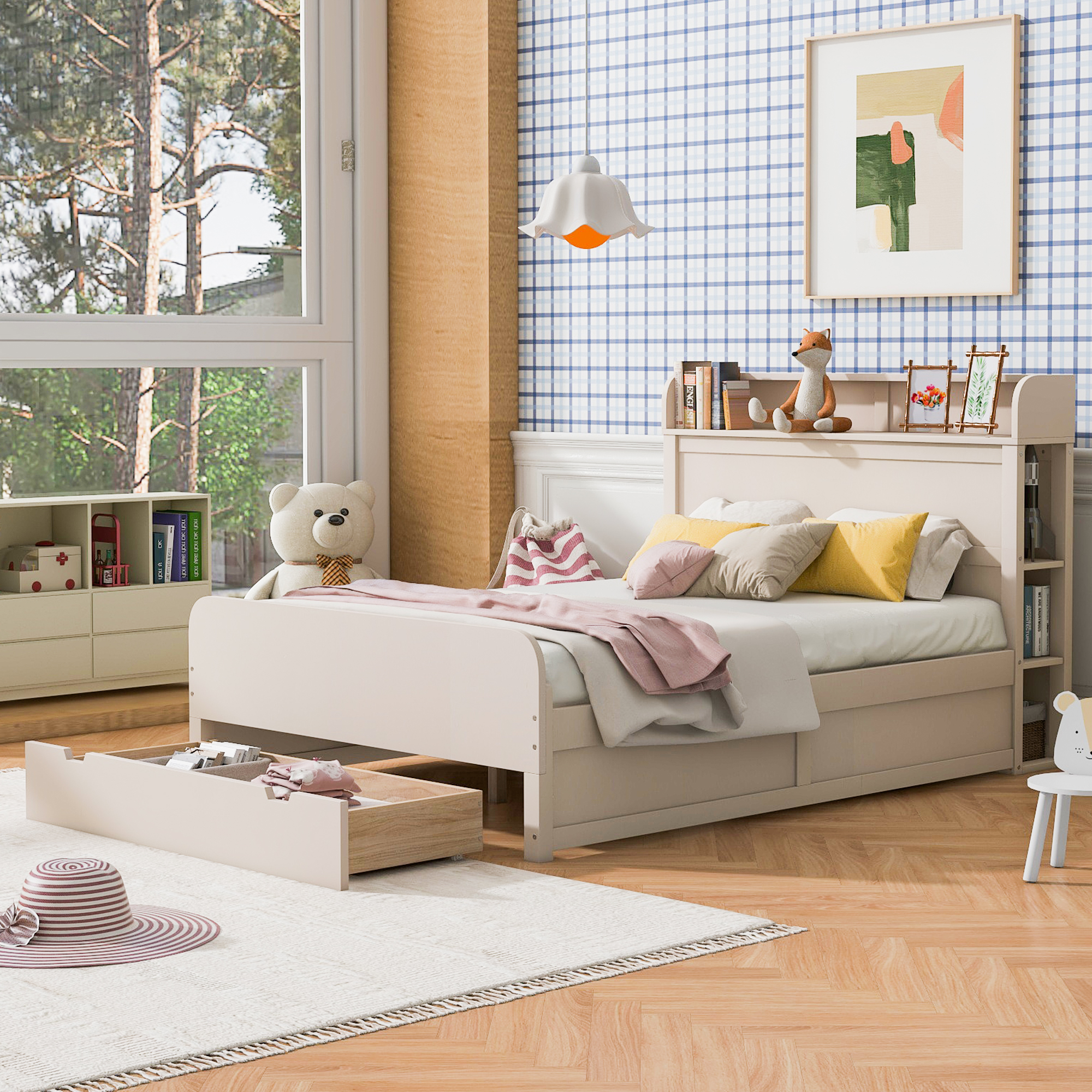 Full Size Platform Bed with Storage Headboard and a Big Drawer, Cream/Wood