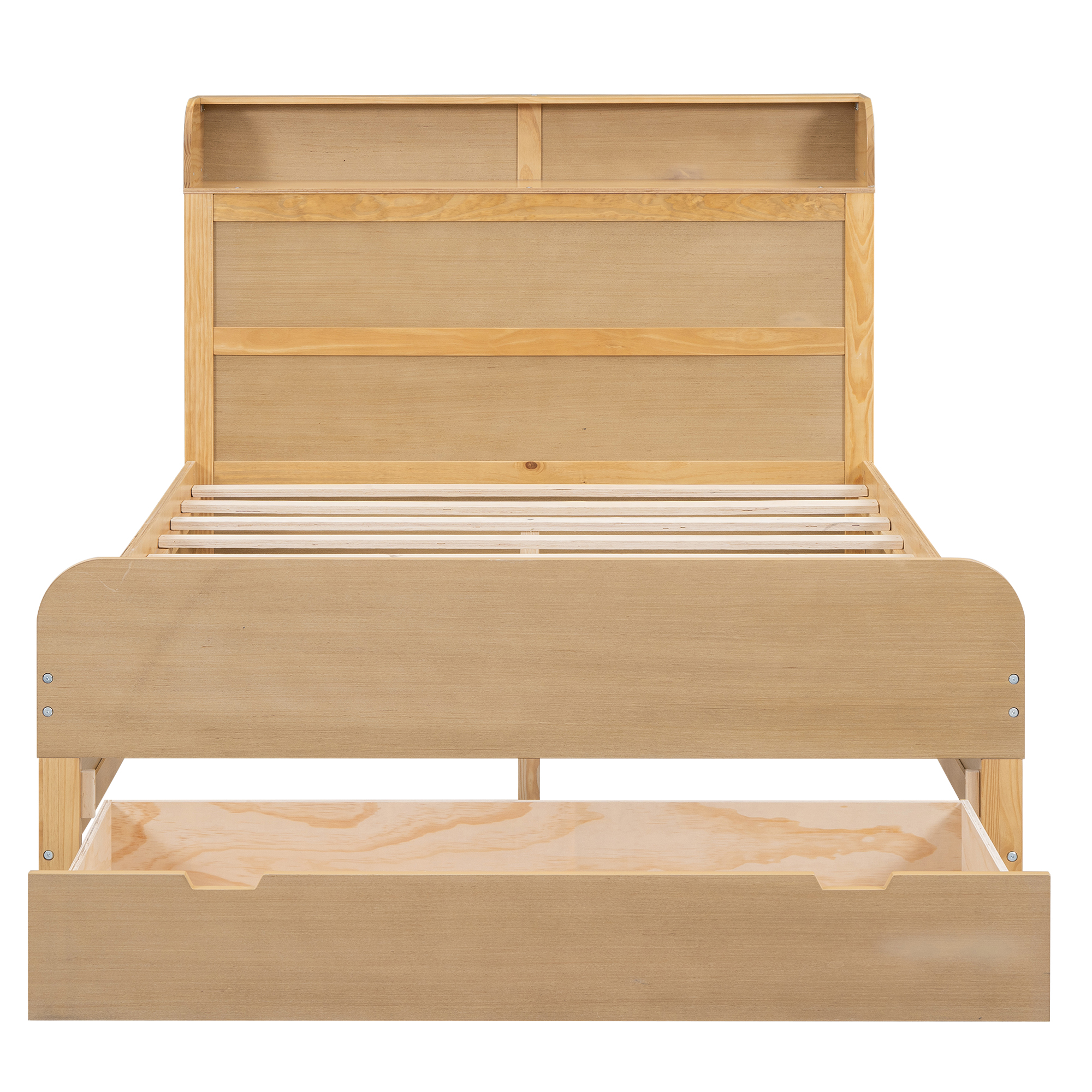 Full Size Platform Bed with Storage Headboard and a Big Drawer, Cream/Wood