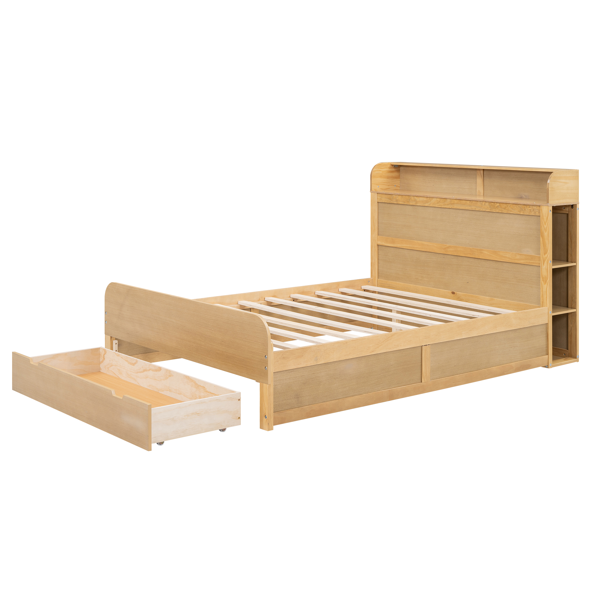 Full Size Platform Bed with Storage Headboard and a Big Drawer, Cream/Wood
