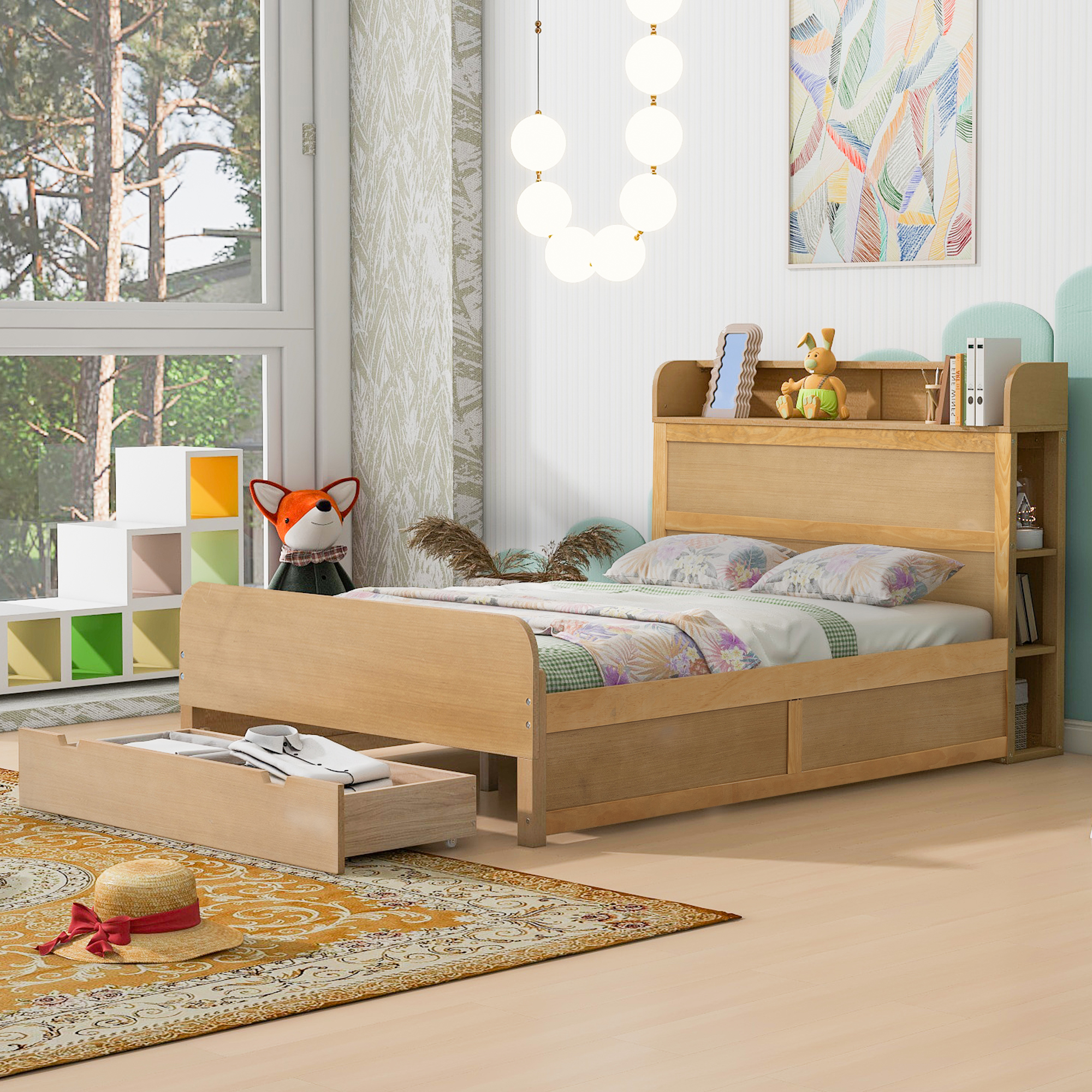 Full Size Platform Bed with Storage Headboard and a Big Drawer, Cream/Wood