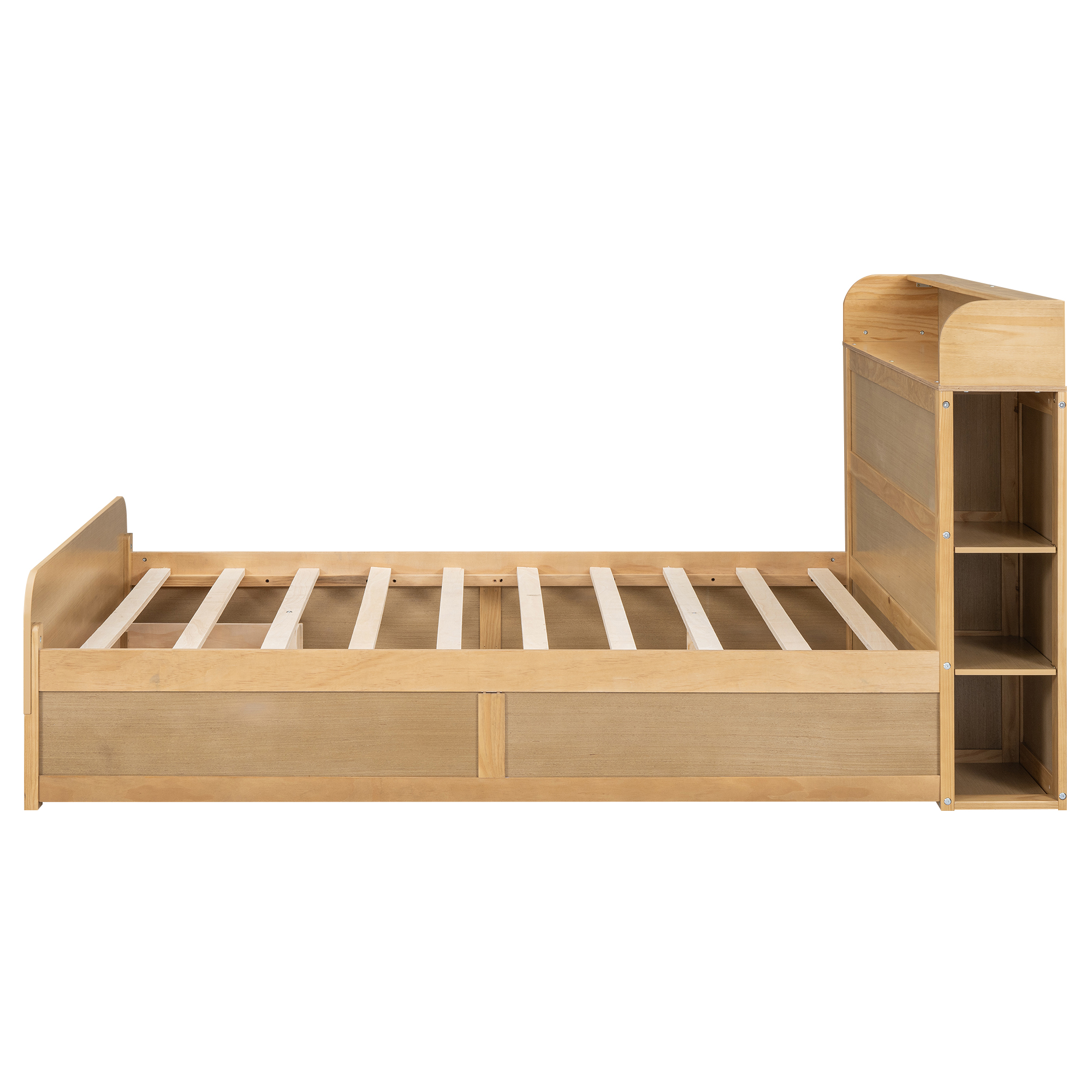 Full Size Platform Bed with Storage Headboard and a Big Drawer, Cream/Wood