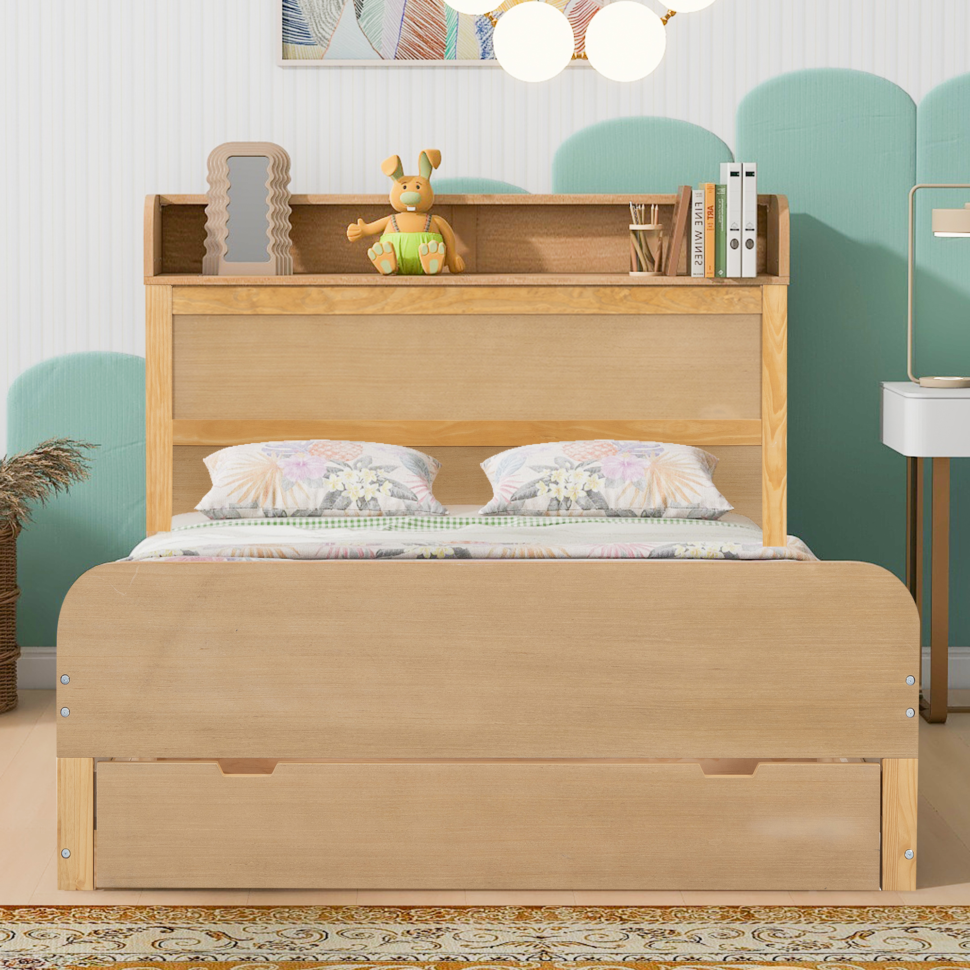 Full Size Platform Bed with Storage Headboard and a Big Drawer, Cream/Wood