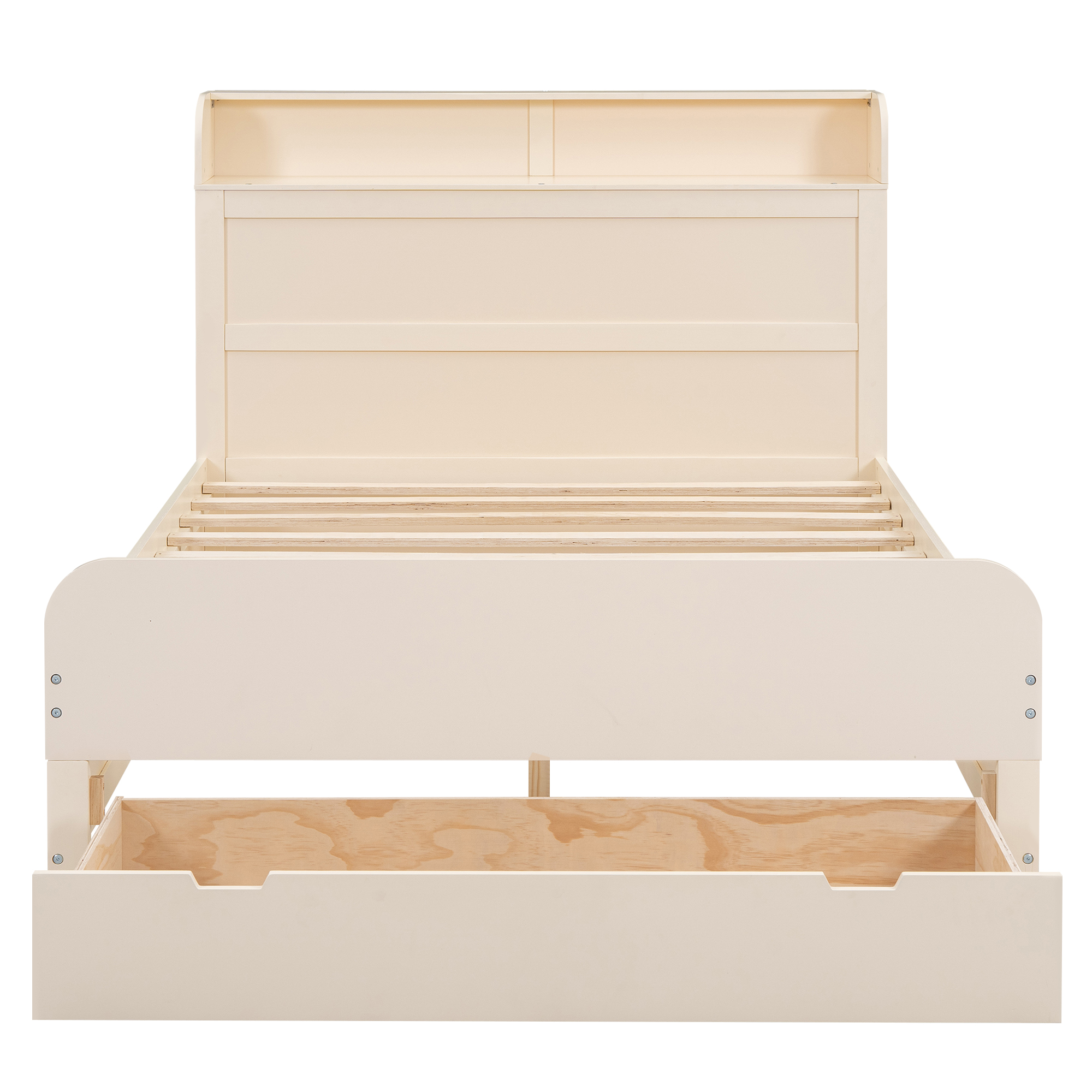 Full Size Platform Bed with Storage Headboard and a Big Drawer, Cream/Wood