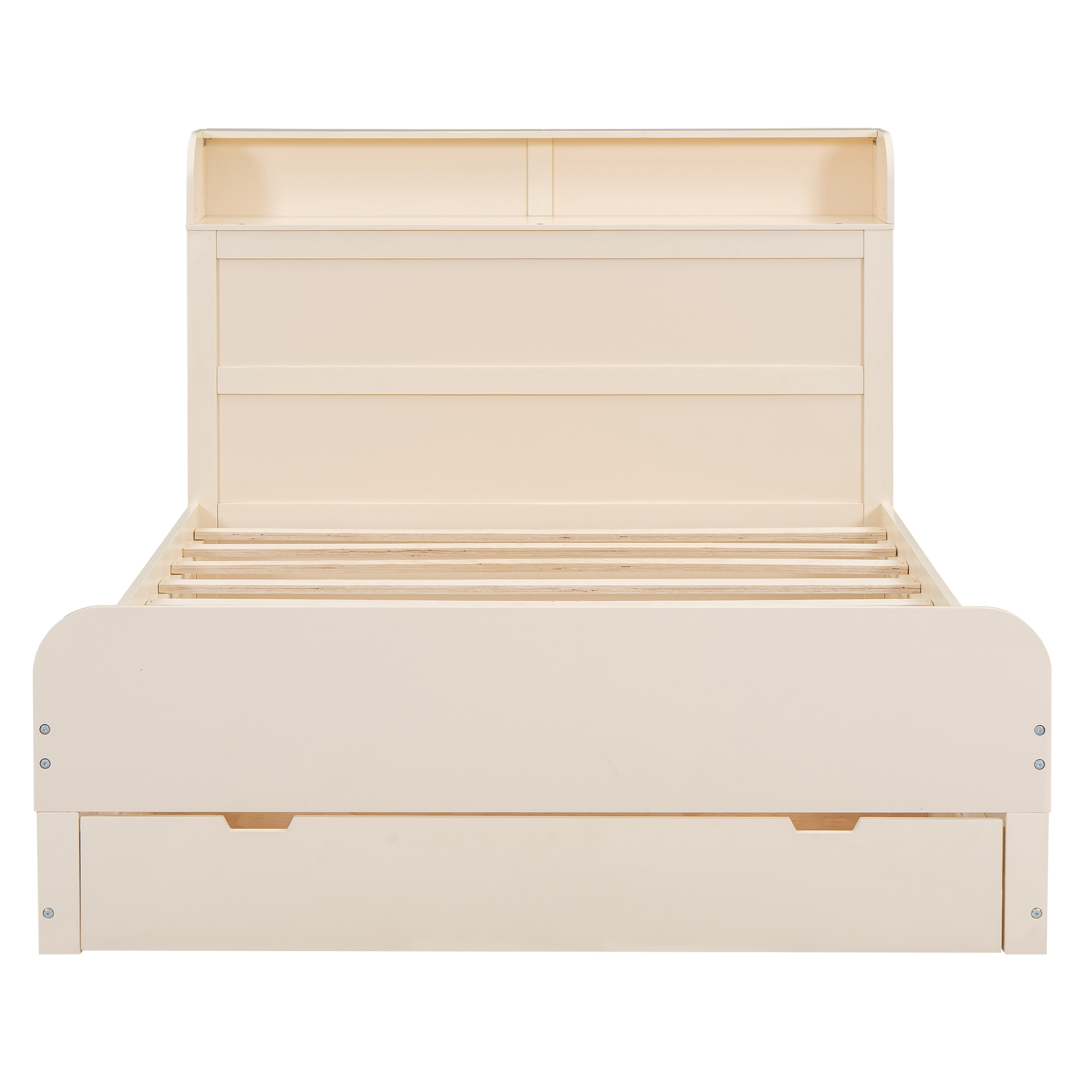 Full Size Platform Bed with Storage Headboard and a Big Drawer, Cream/Wood