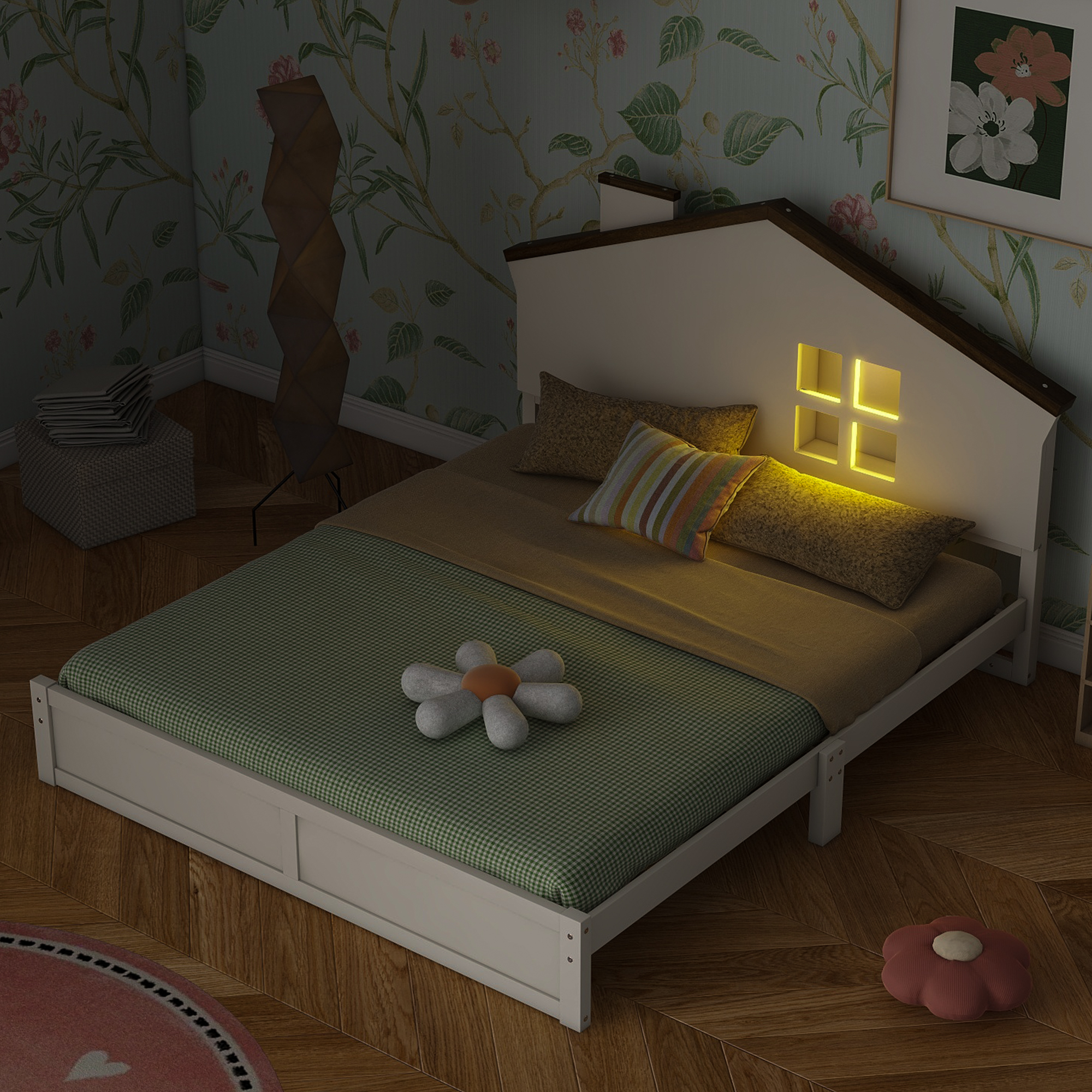 Full/Twin Size Wood Platform Bed with House-shaped Headboard and Built-in LED, Walnut+Milk White/Walnut+White 