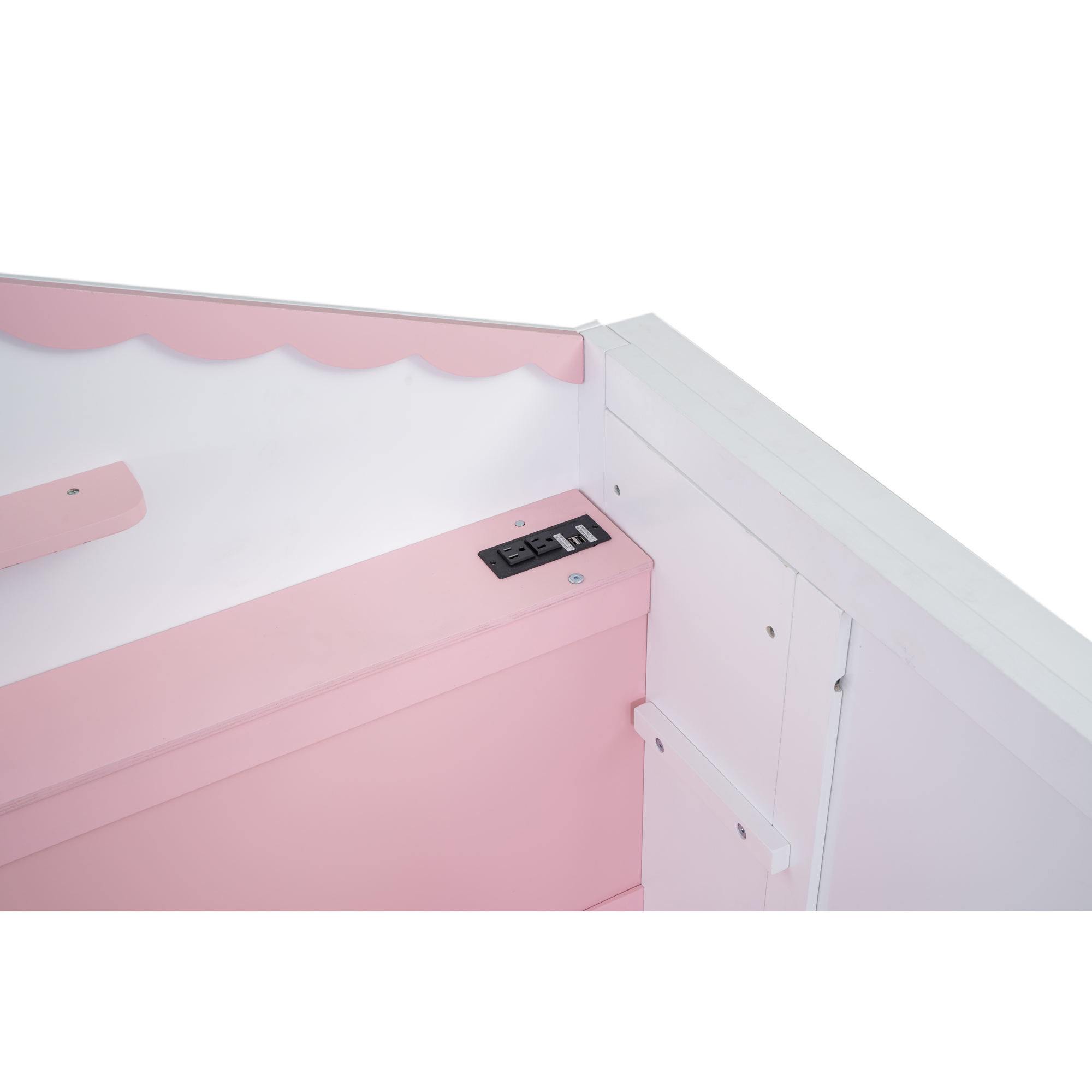 Wood Twin/Full Size House Murphy Bed with USB, Storage Shelves and Blackboard, Pink+White 