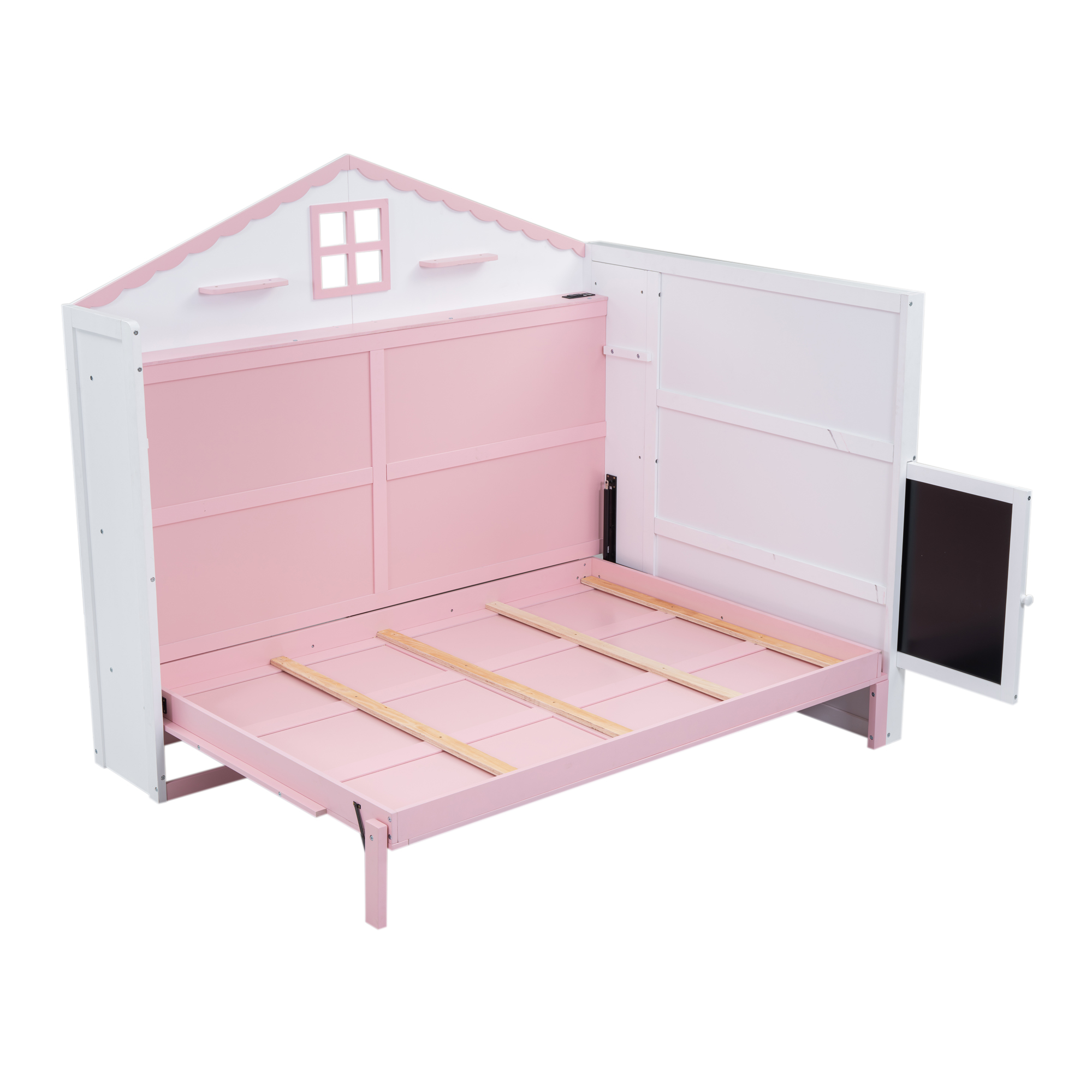 Wood Twin/Full Size House Murphy Bed with USB, Storage Shelves and Blackboard, Pink+White 