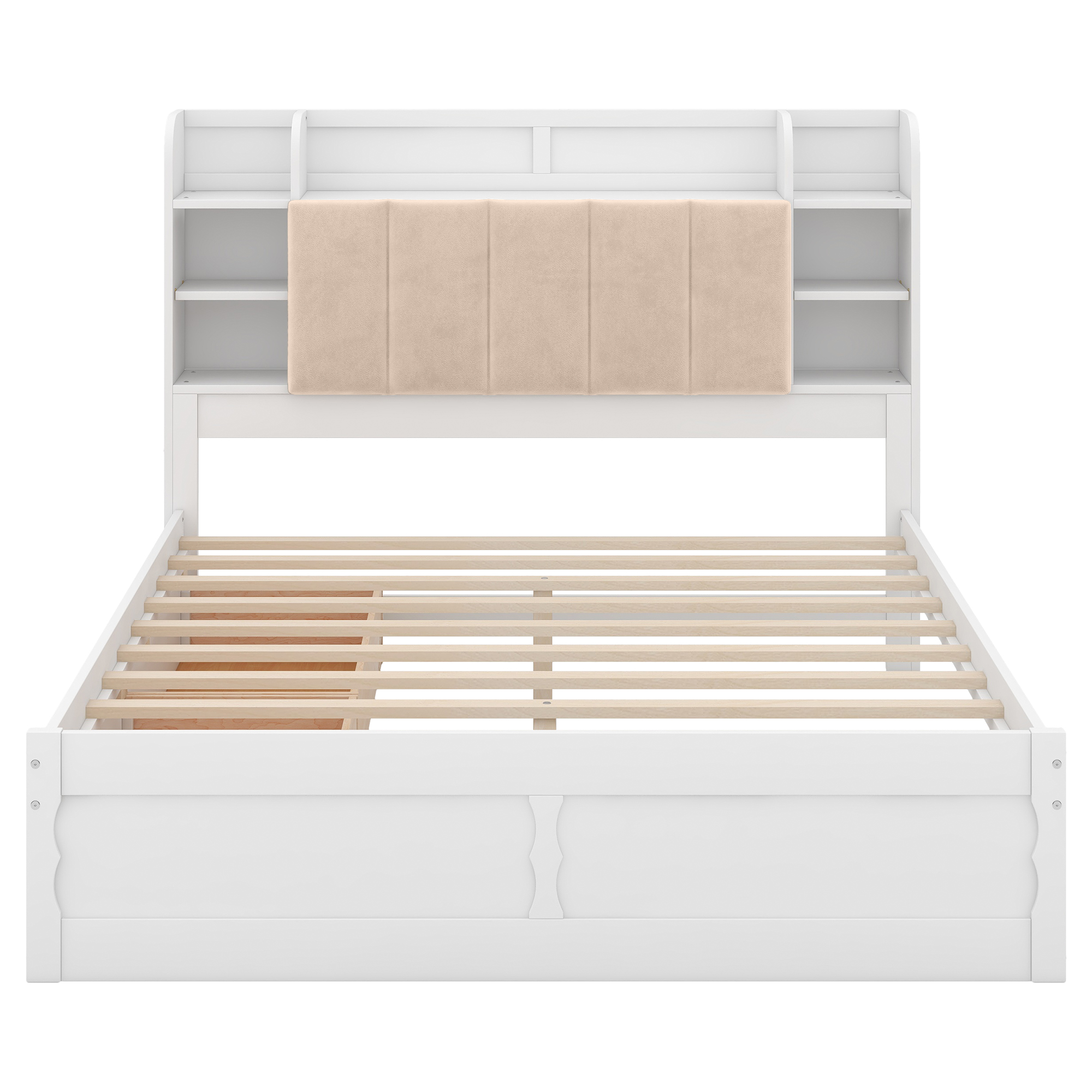 Wood Queen Size Platform Bed with Storage Headboard, Shelves and 2 Drawers, Gray/White
