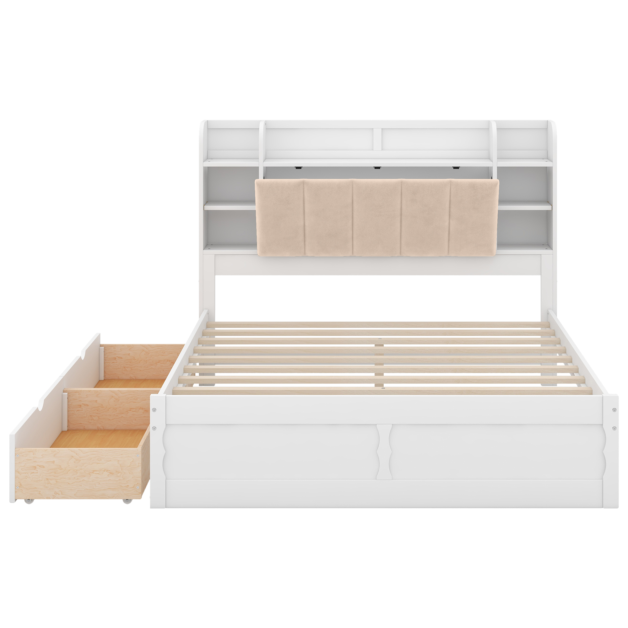 Wood Queen Size Platform Bed with Storage Headboard, Shelves and 2 Drawers, Gray/White