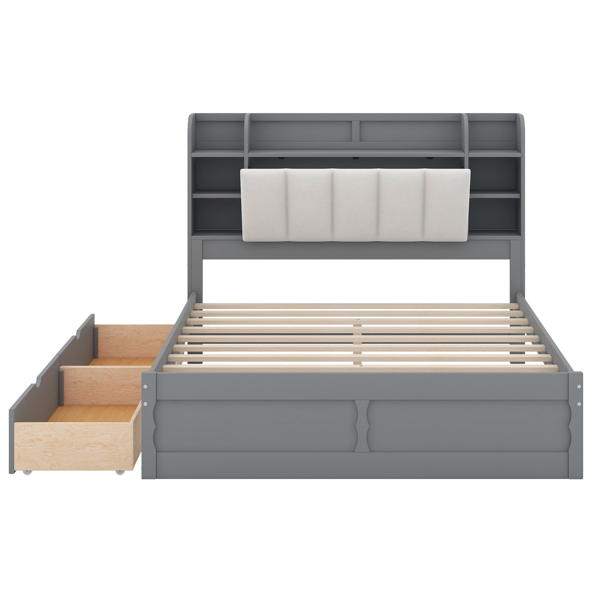 Wood Queen Size Platform Bed with Storage Headboard, Shelves and 2 Drawers, Gray/White