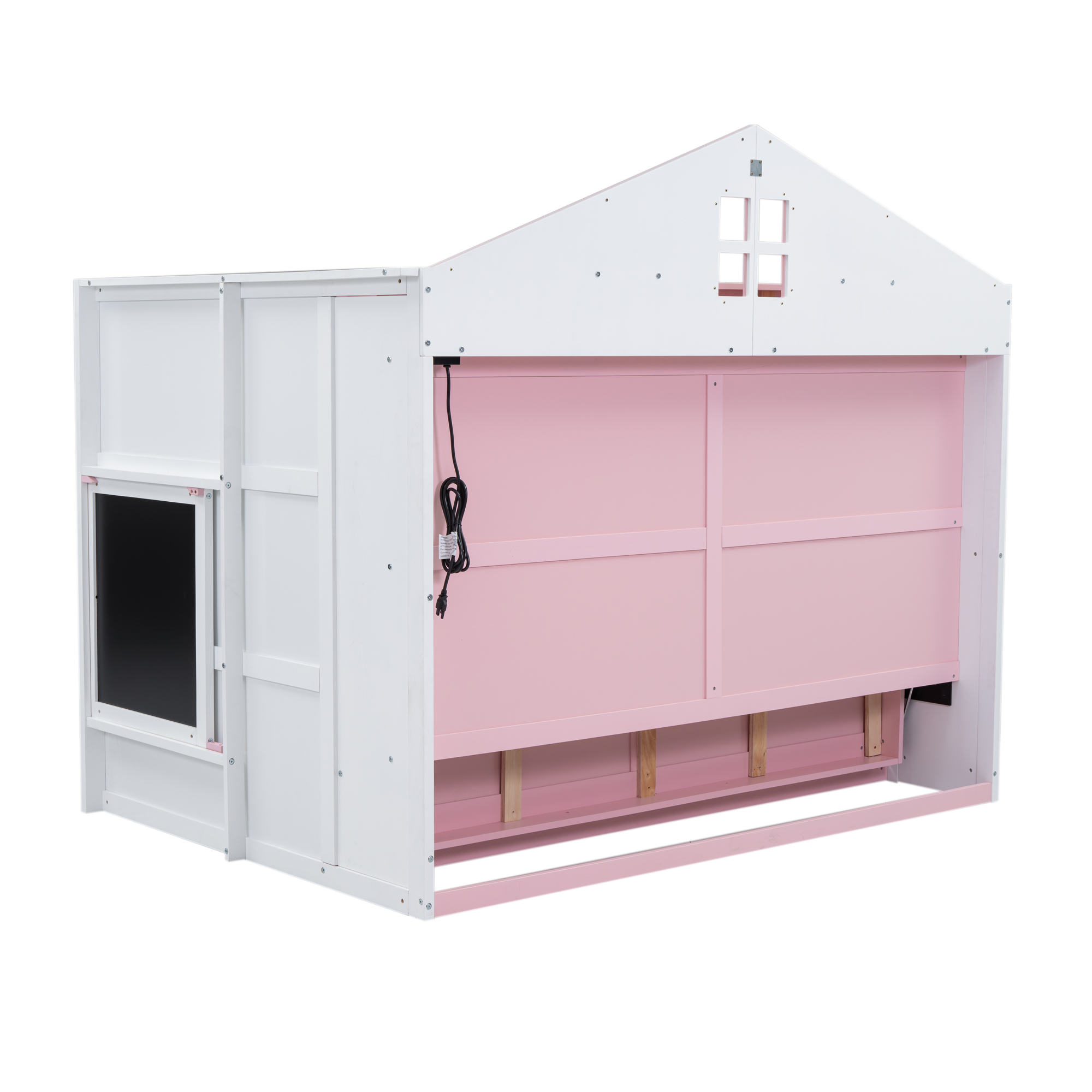 Wood Twin/Full Size House Murphy Bed with USB, Storage Shelves and Blackboard, Pink+White 