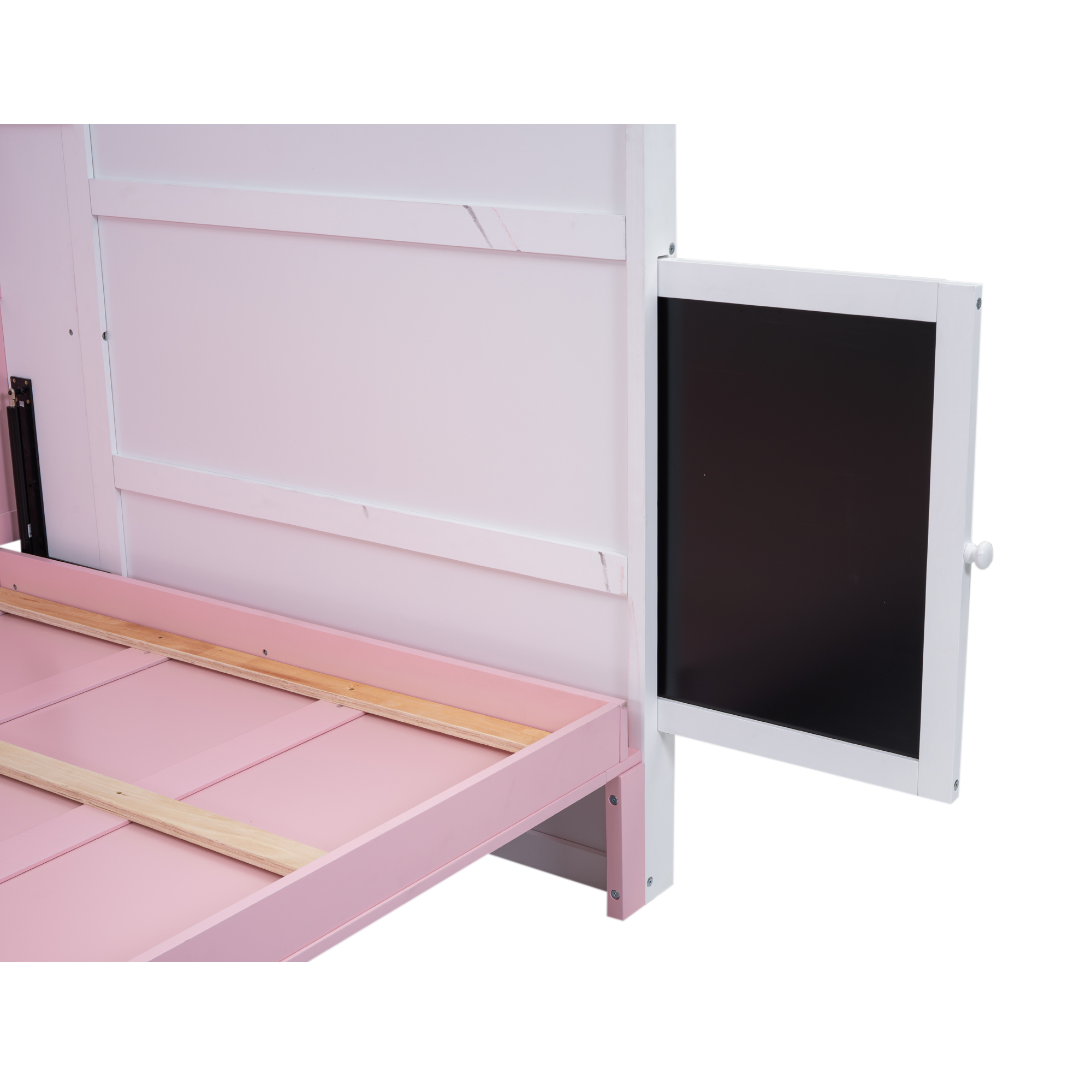 Wood Twin/Full Size House Murphy Bed with USB, Storage Shelves and Blackboard, Pink+White 