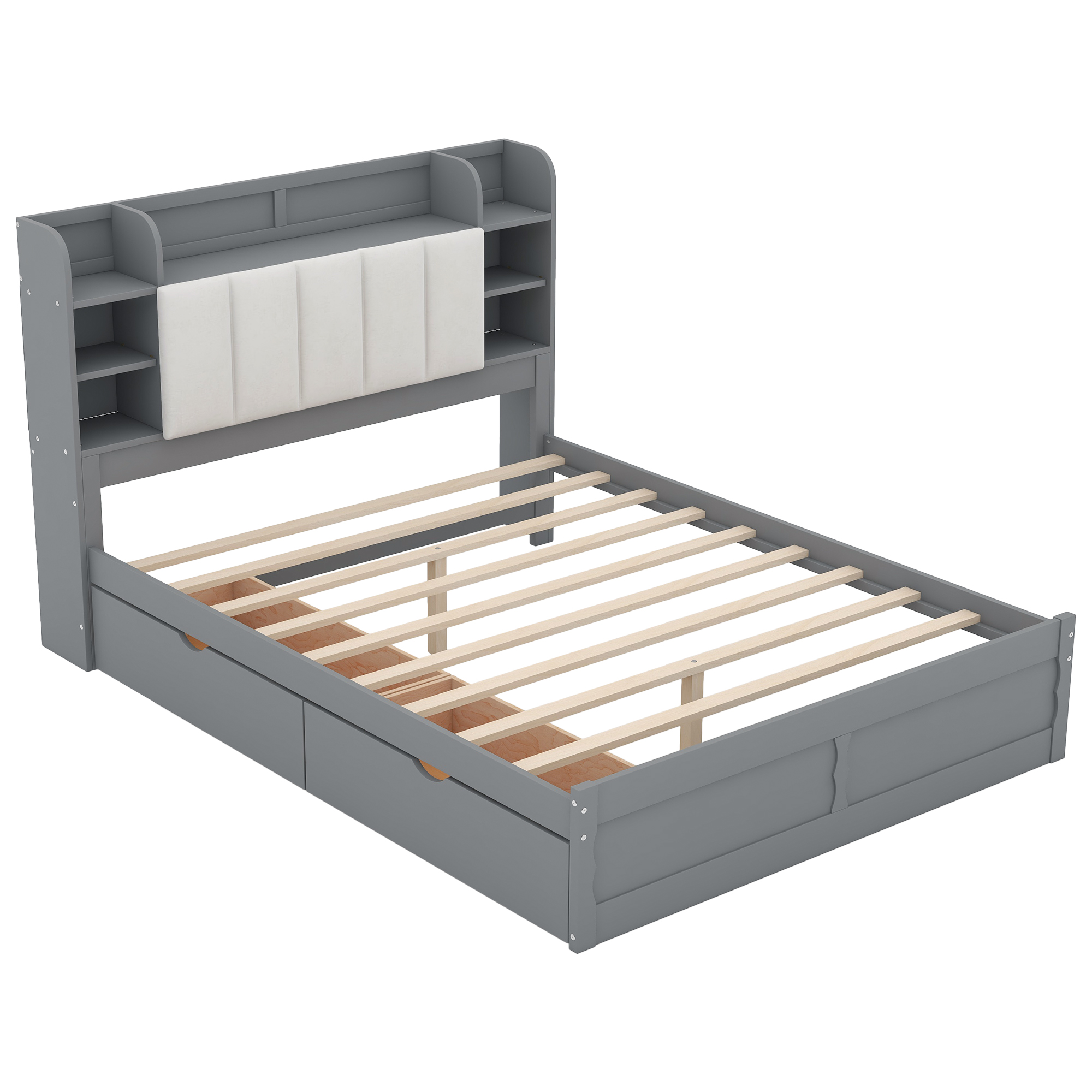 Wood Queen Size Platform Bed with Storage Headboard, Shelves and 2 Drawers, Gray/White