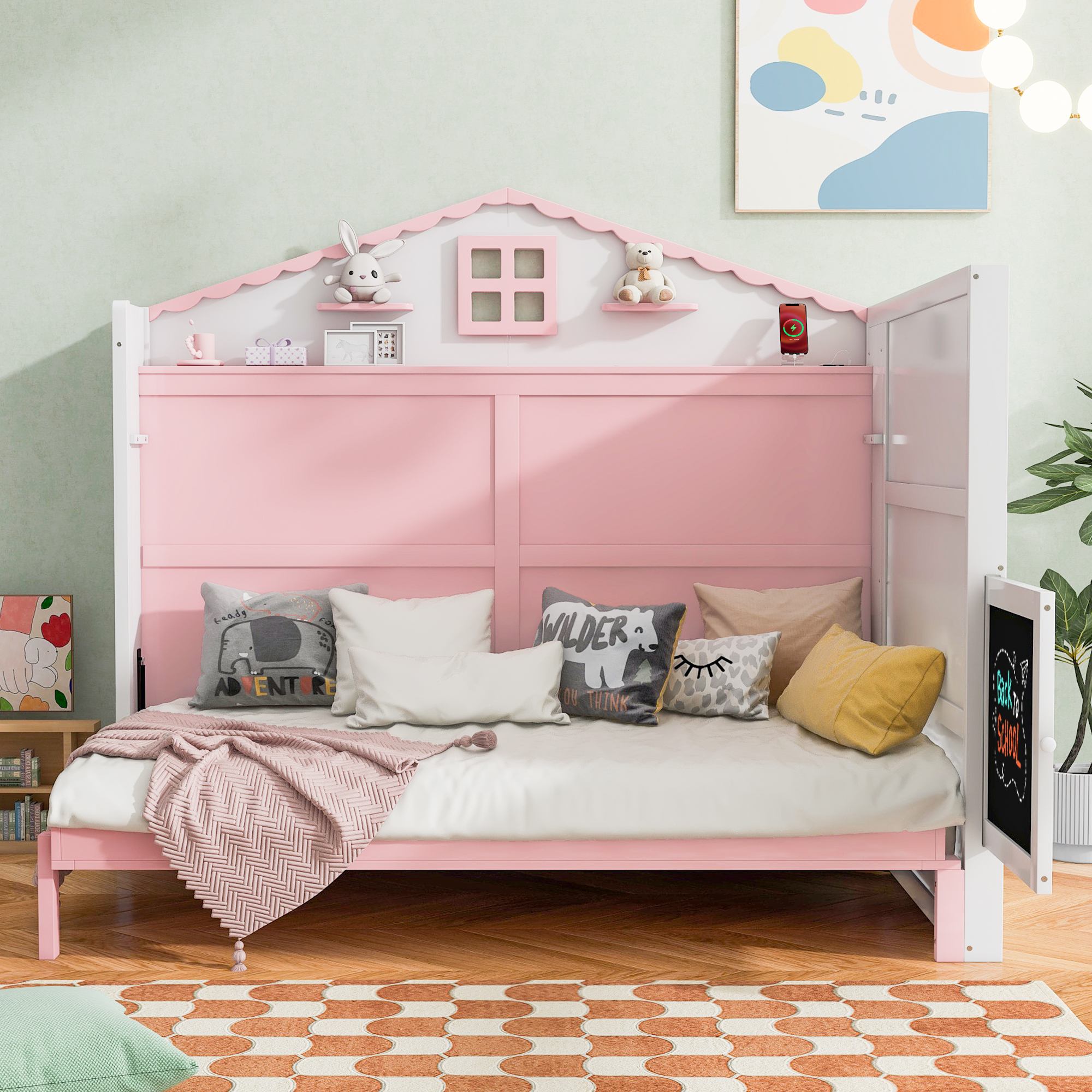 Wood Twin/Full Size House Murphy Bed with USB, Storage Shelves and Blackboard, Pink+White 
