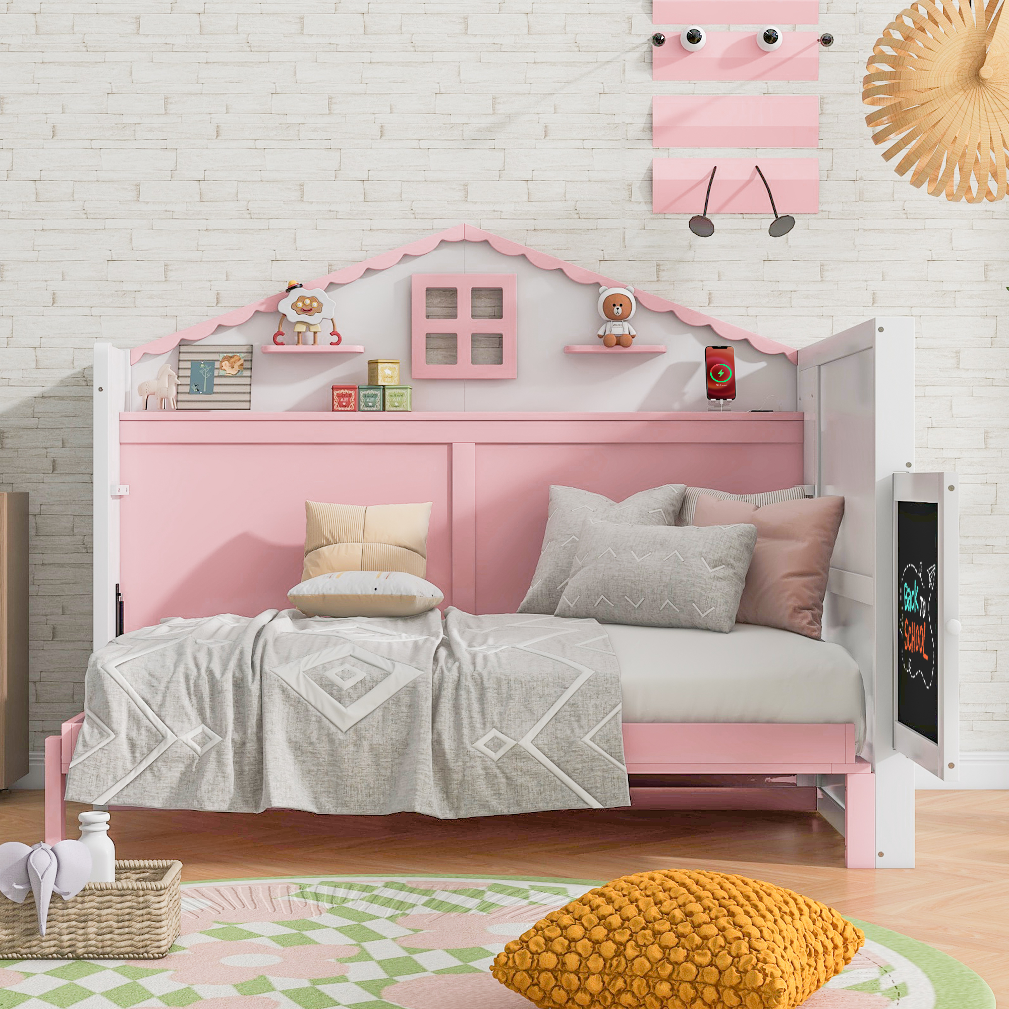 Wood Twin/Full Size House Murphy Bed with USB, Storage Shelves and Blackboard, Pink+White 