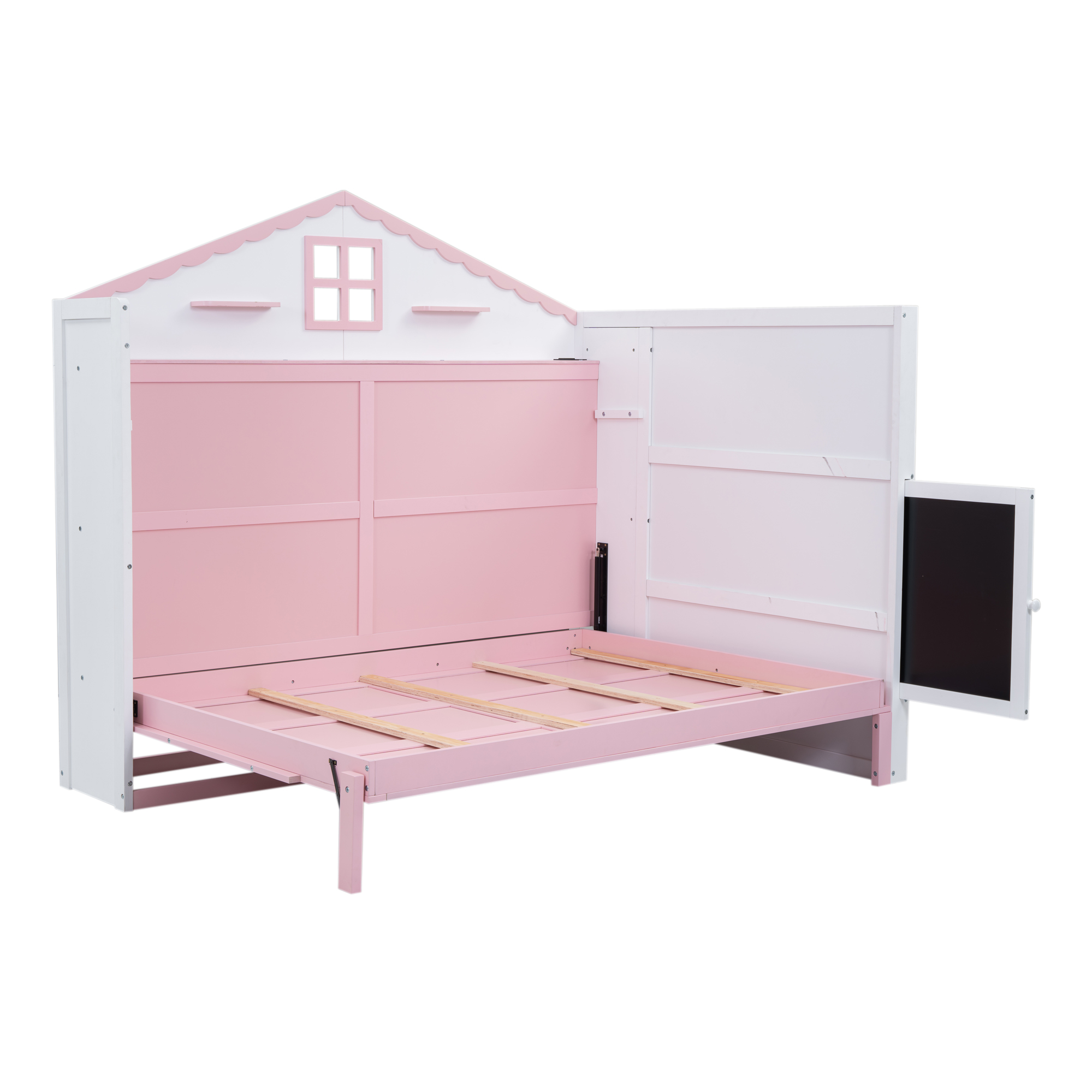 Wood Twin/Full Size House Murphy Bed with USB, Storage Shelves and Blackboard, Pink+White 